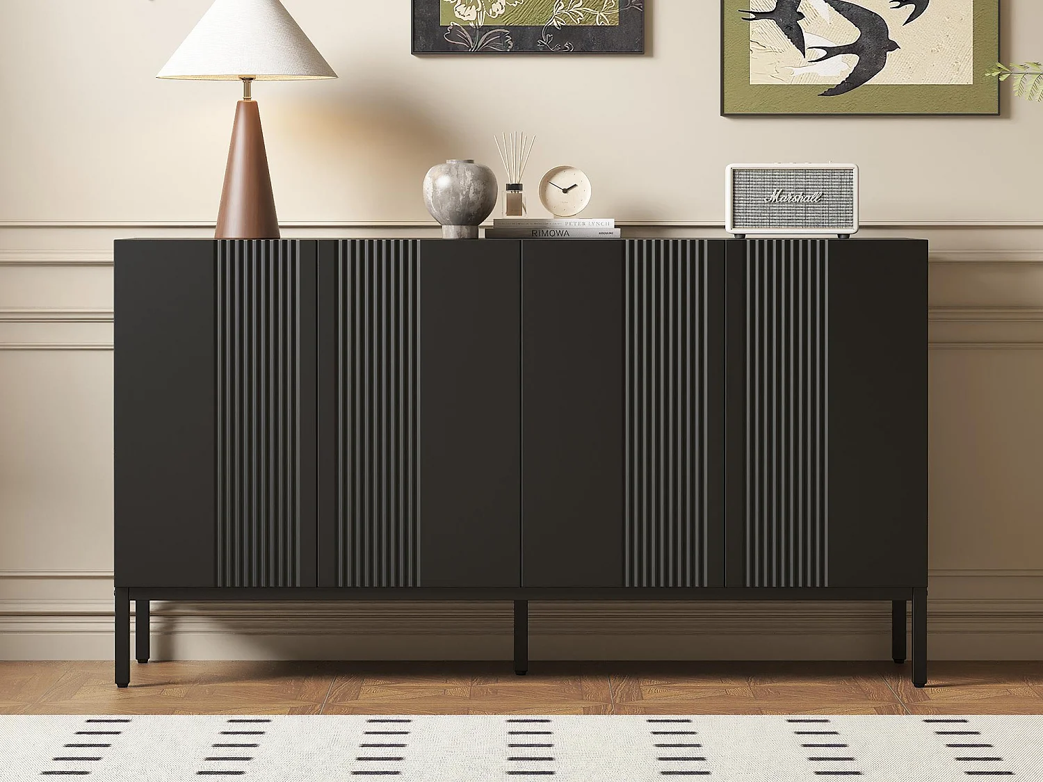 Credenza con 4 ante e ripiani regolabili - strisce verticali - Nero