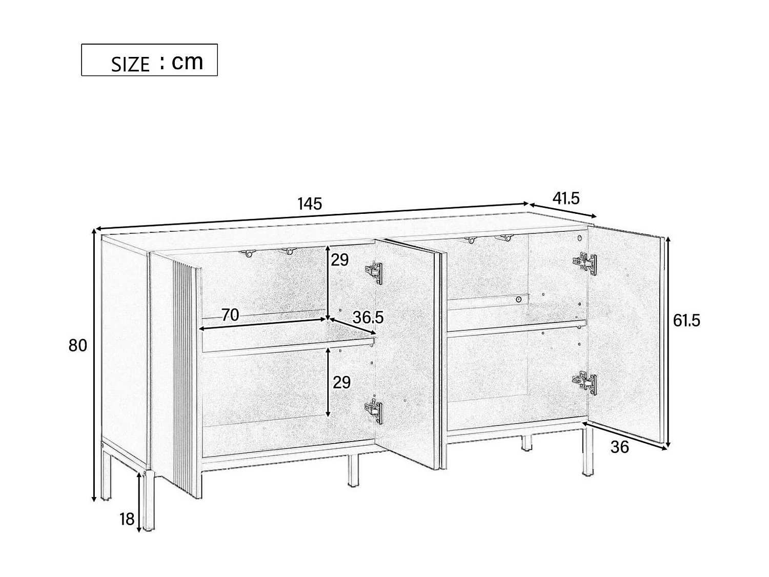 Credenza con 4 ante e ripiani regolabili - strisce verticali - Nero
