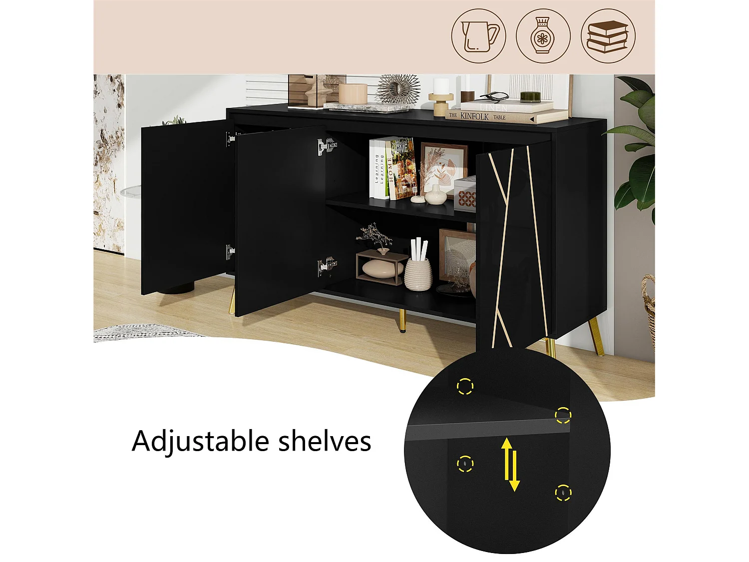 Buffet 3 portes et étagères réglables - en MDF - style moderne - Noir