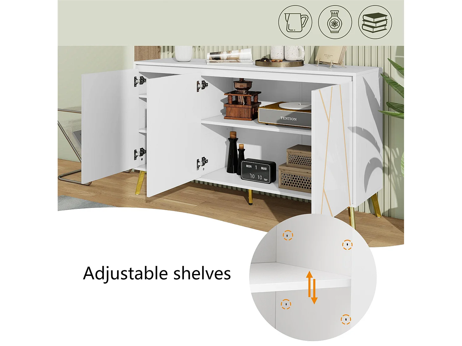 Buffet 3 portes et étagères réglables - en MDF - style moderne - Blanc