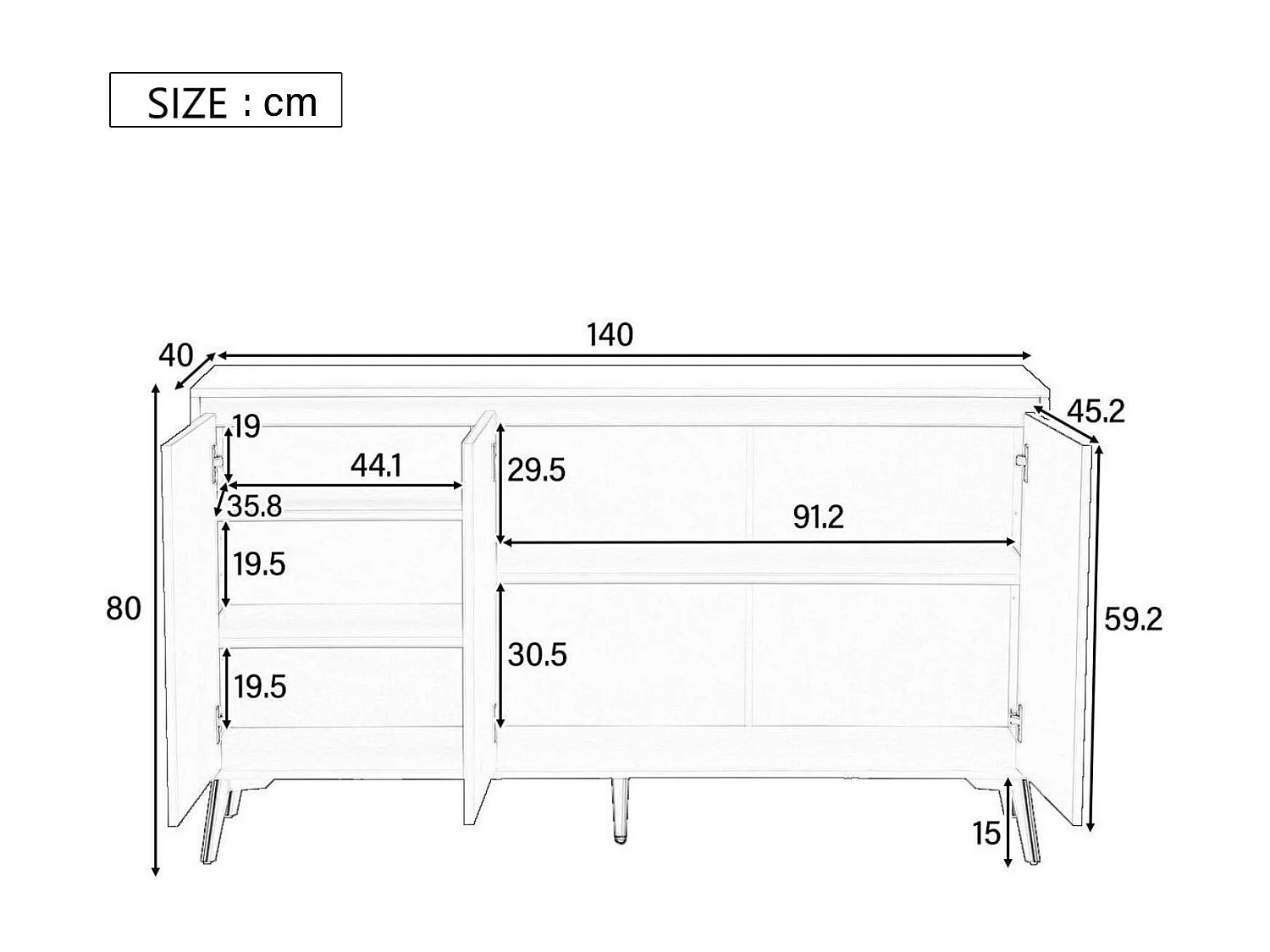 Sideboard mit 3 Türen und verstellbaren Regalen – aus MDF – moderner Stil – Weiß