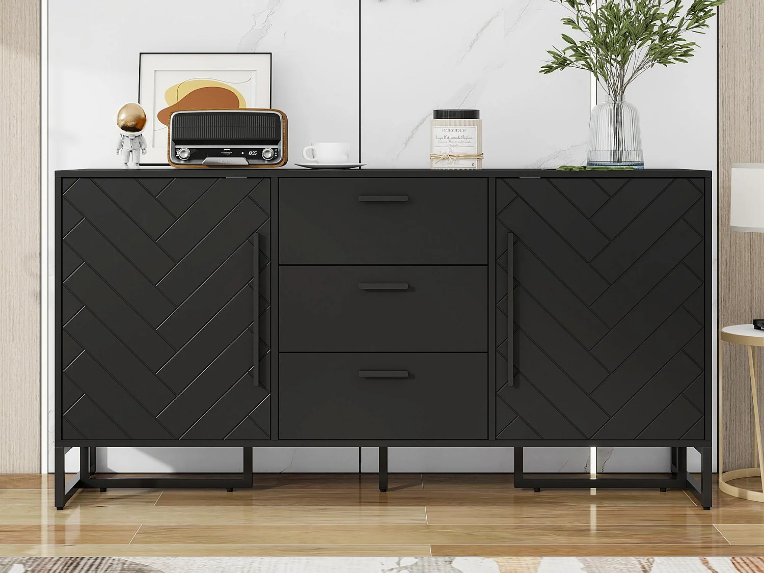 Buffet 2 portes et 3 tiroirs avec étagères réglables - à motif de chevrons - Noir