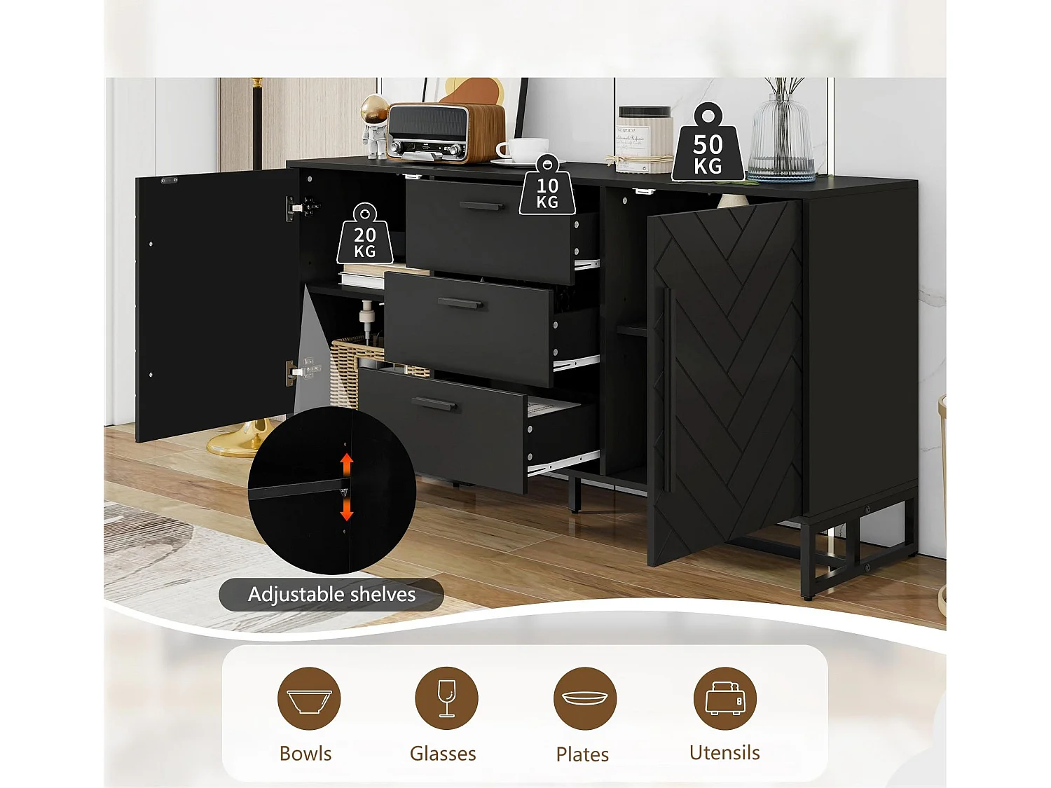 Buffet 2 portes et 3 tiroirs avec étagères réglables - à motif de chevrons - Noir