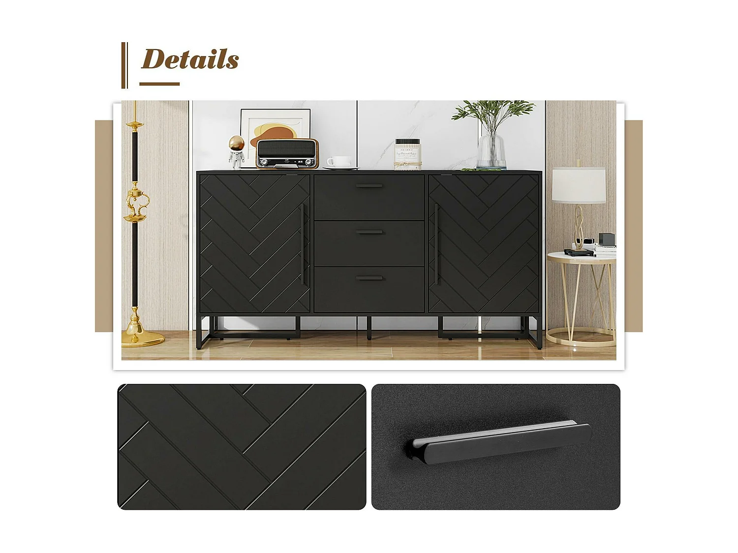 Buffet 2 portes et 3 tiroirs avec étagères réglables - à motif de chevrons - Noir
