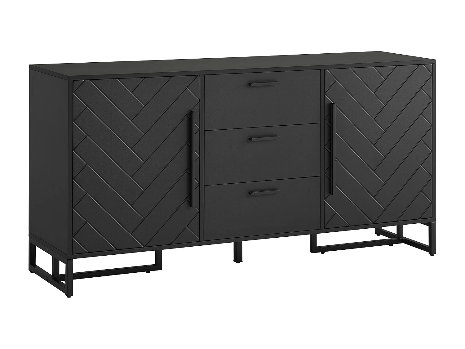 Sideboard 2 Türen und 3 Schubladen mit verstellbaren Einlegeböden – Fischgrätenmuster – Schwarz