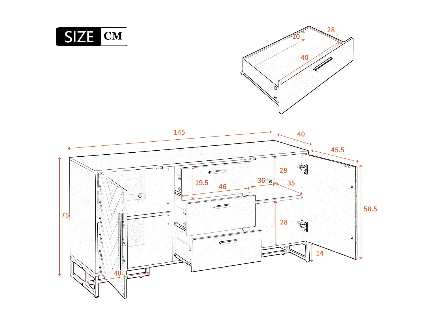 Sideboard 2 Türen und 3 Schubladen mit verstellbaren Einlegeböden – Fischgrätenmuster – Schwarz