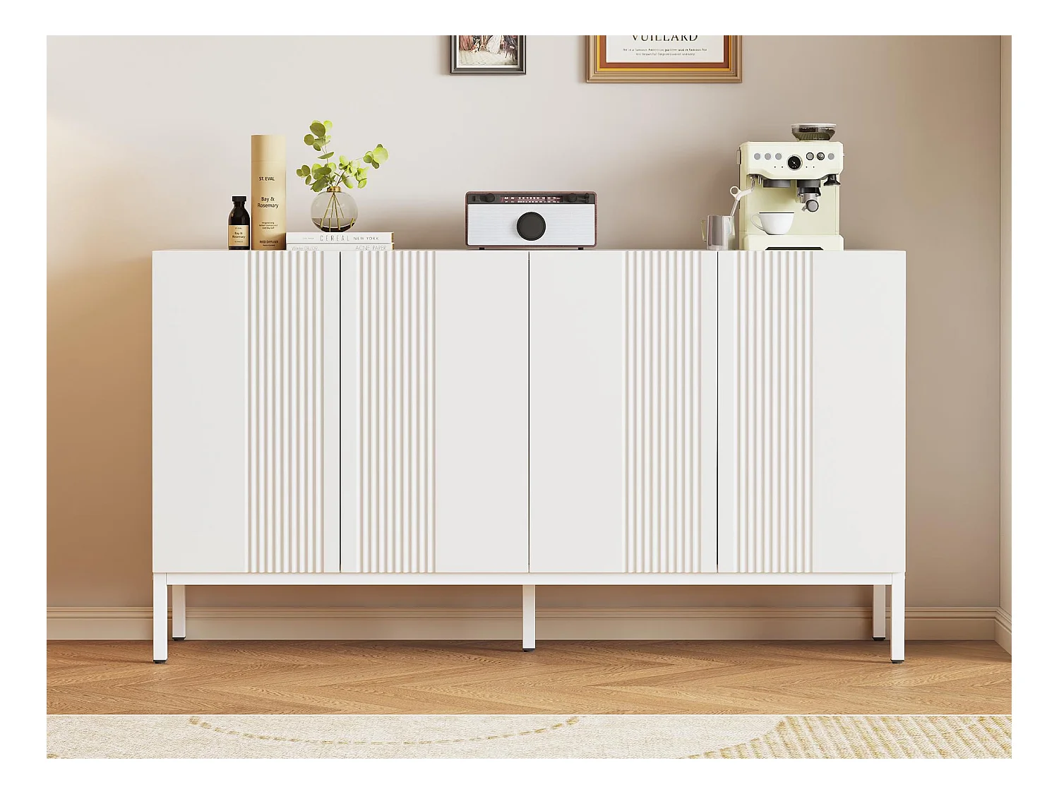 Buffet 4 portes et étagères réglables - à rayures verticales - Blanc