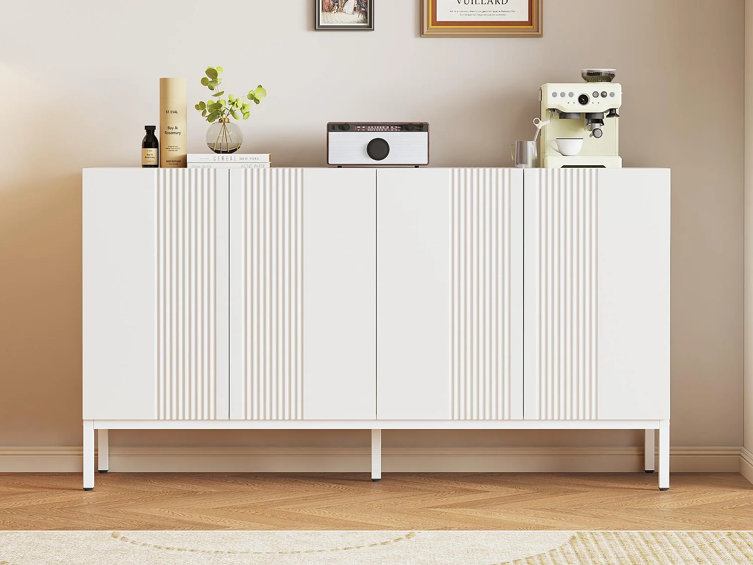 Sideboard mit 4 Türen und verstellbaren Einlegeböden – vertikale Streifen – Weiß