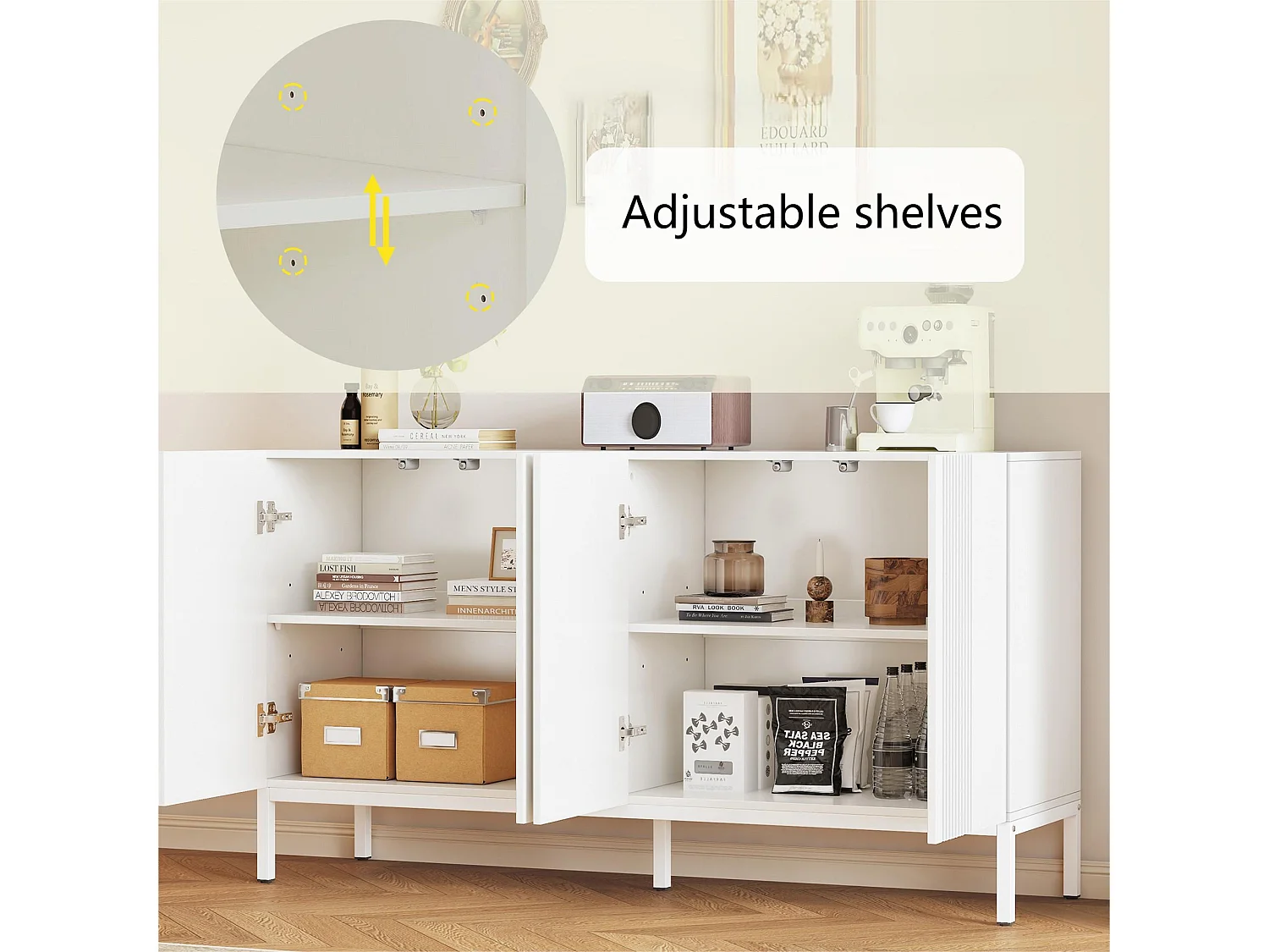 Sideboard mit 4 Türen und verstellbaren Einlegeböden – vertikale Streifen – Weiß