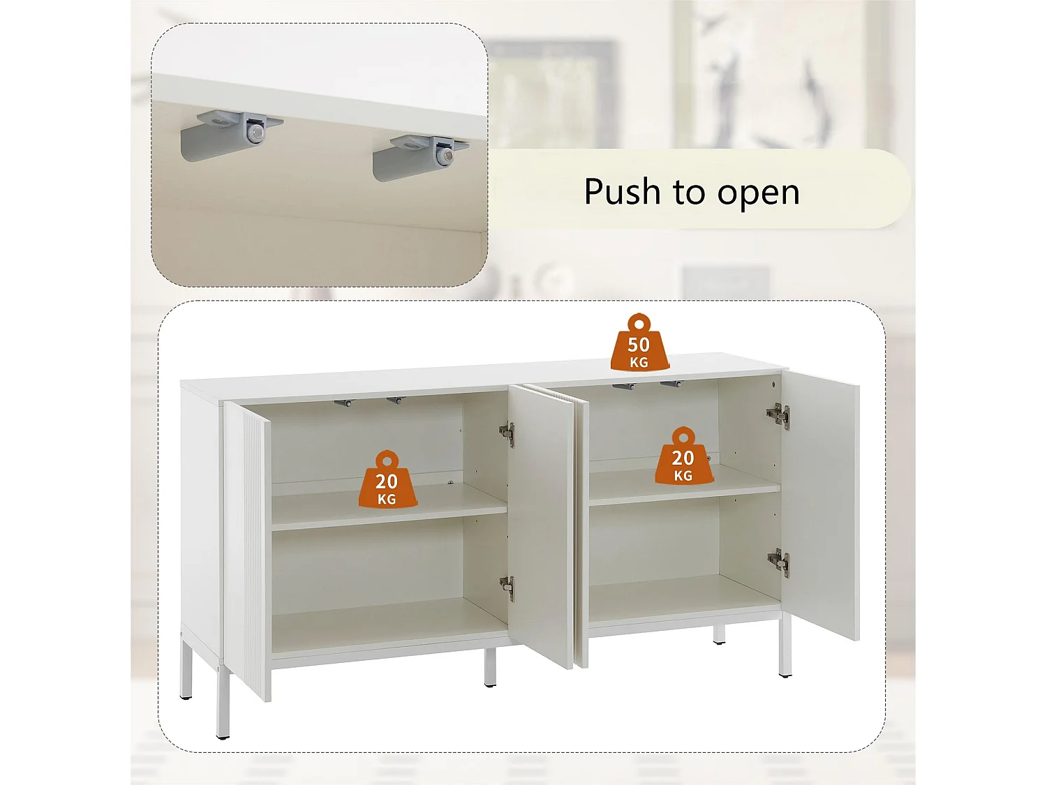 Sideboard mit 4 Türen und verstellbaren Einlegeböden – vertikale Streifen – Weiß