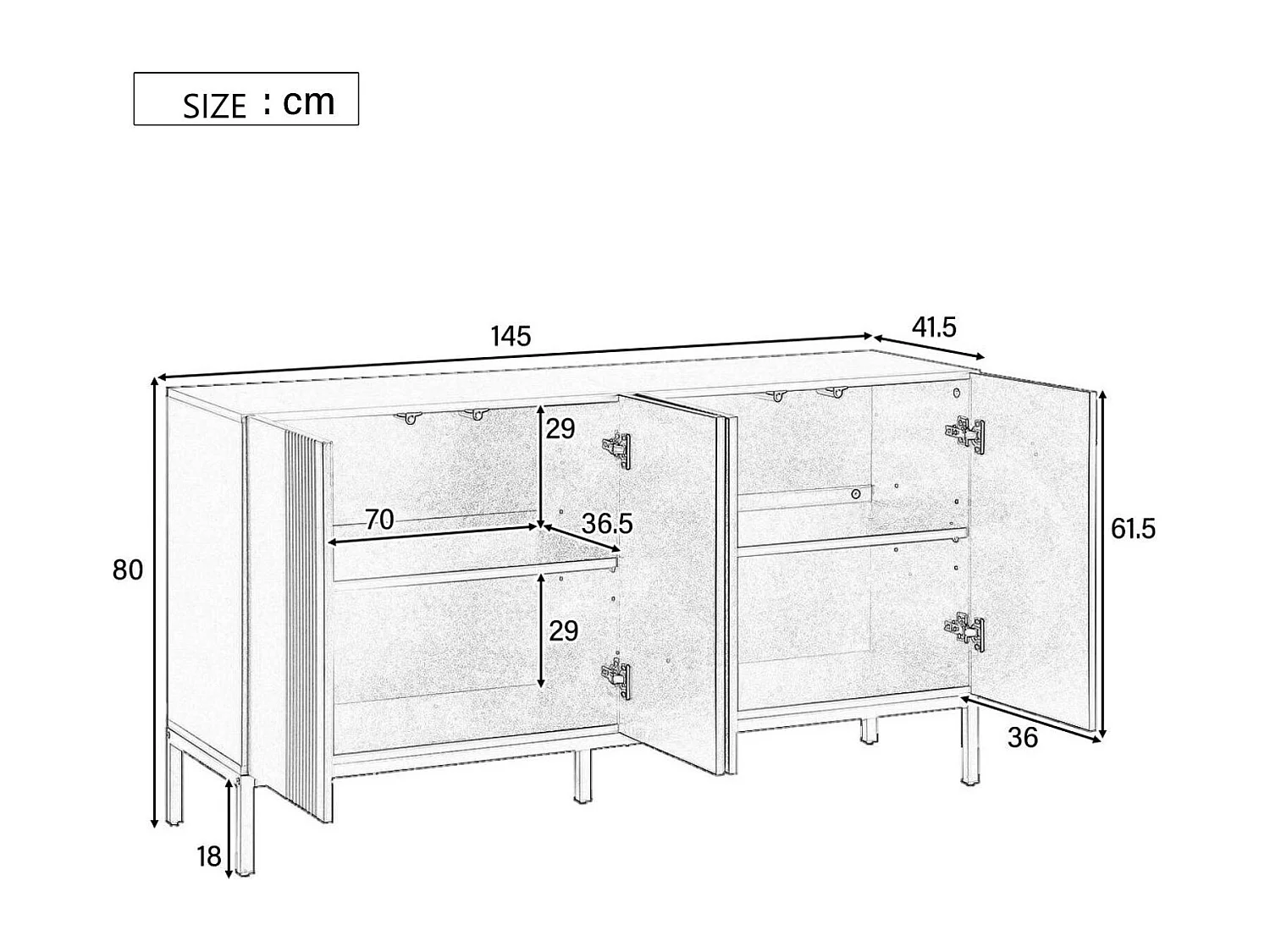 Sideboard mit 4 Türen und verstellbaren Einlegeböden – vertikale Streifen – Weiß