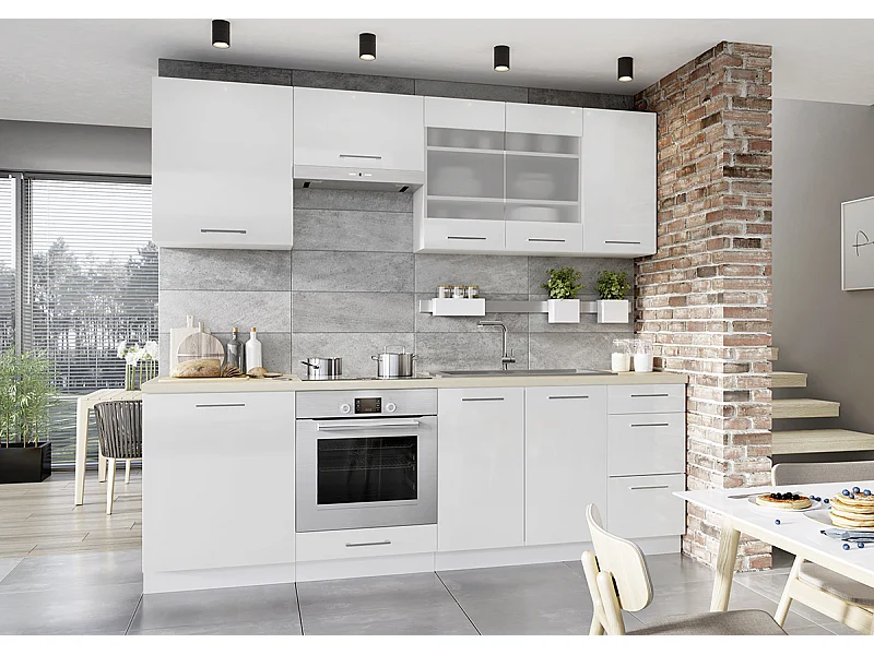 Cuisine complète Vera 8 éléments blanc brillant L 240 cm sans plan de travail