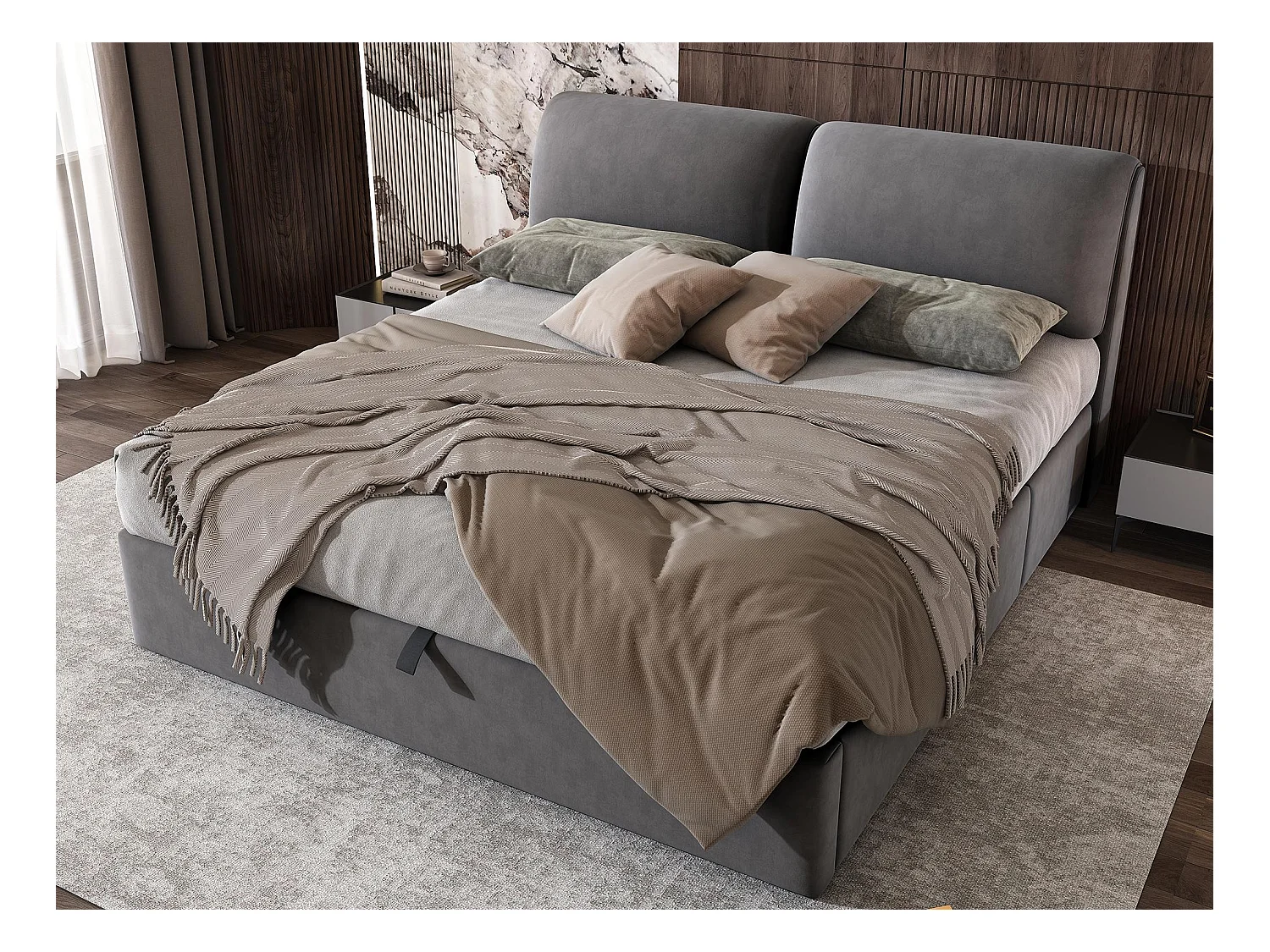 Samtbett mit Stauraum – 160 x 200 cm – mit 3 Schubladen – Grau (ohne Matratze)