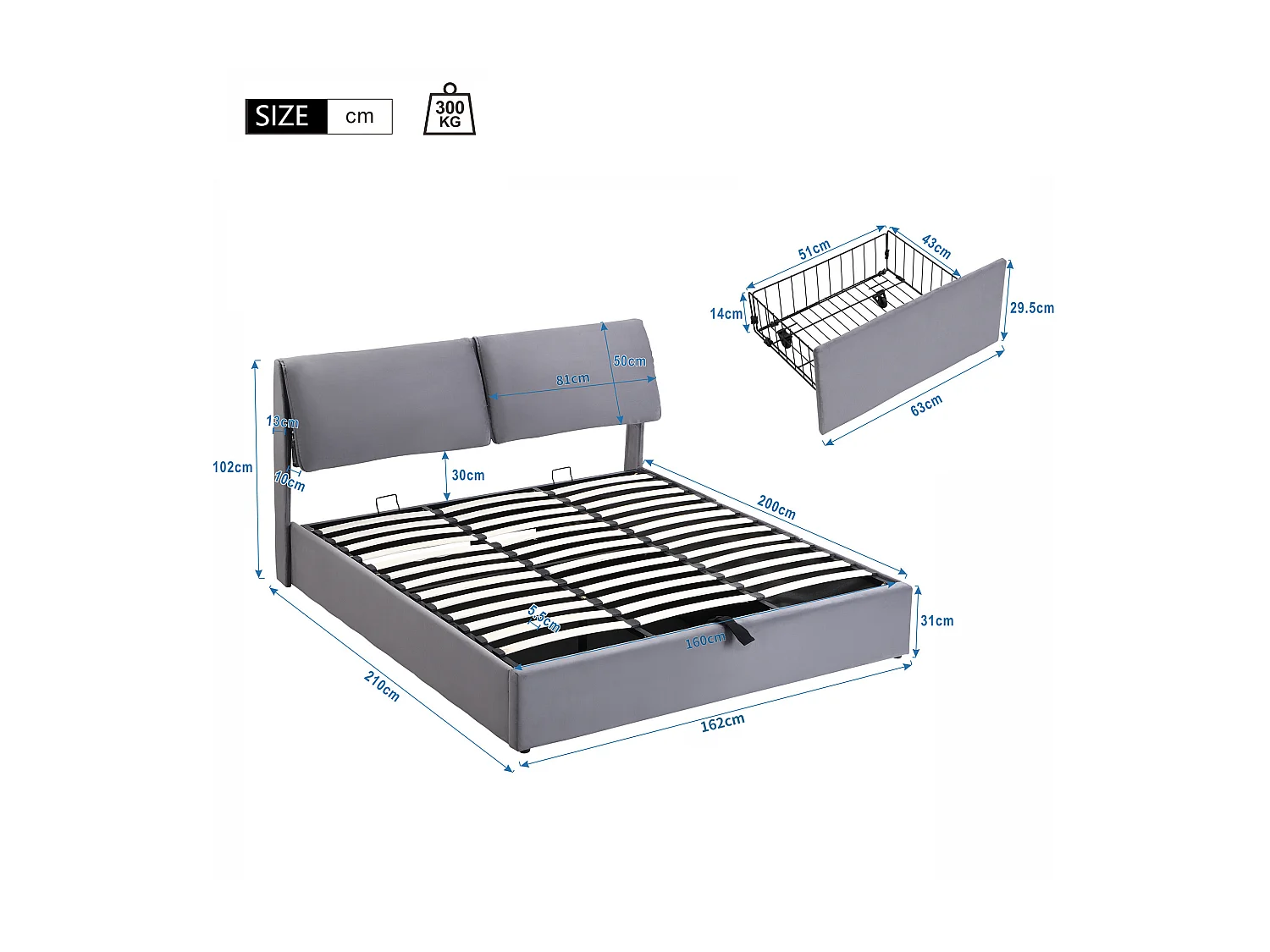 Cama con almacenaje de terciopelo - 160x200 cm - con 3 cajones - Gris (sin colchón)