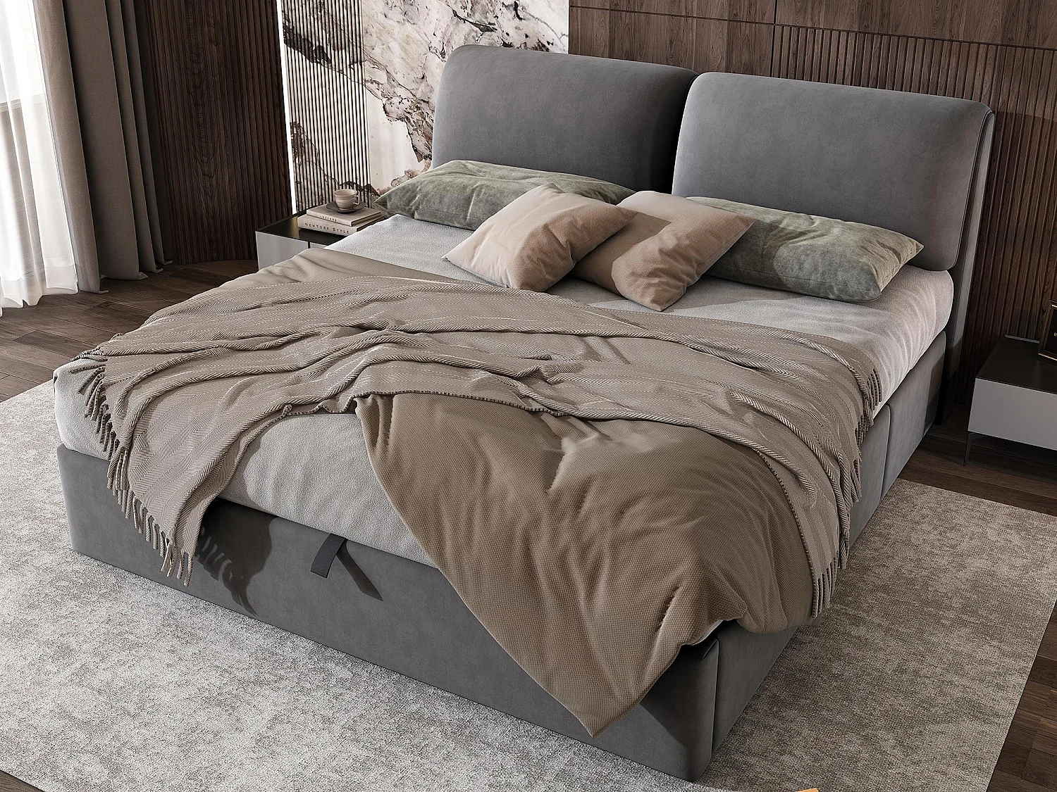 Lit coffre en velours - 160x200cm - avec 3 tiroirs - Gris (sans matelas)