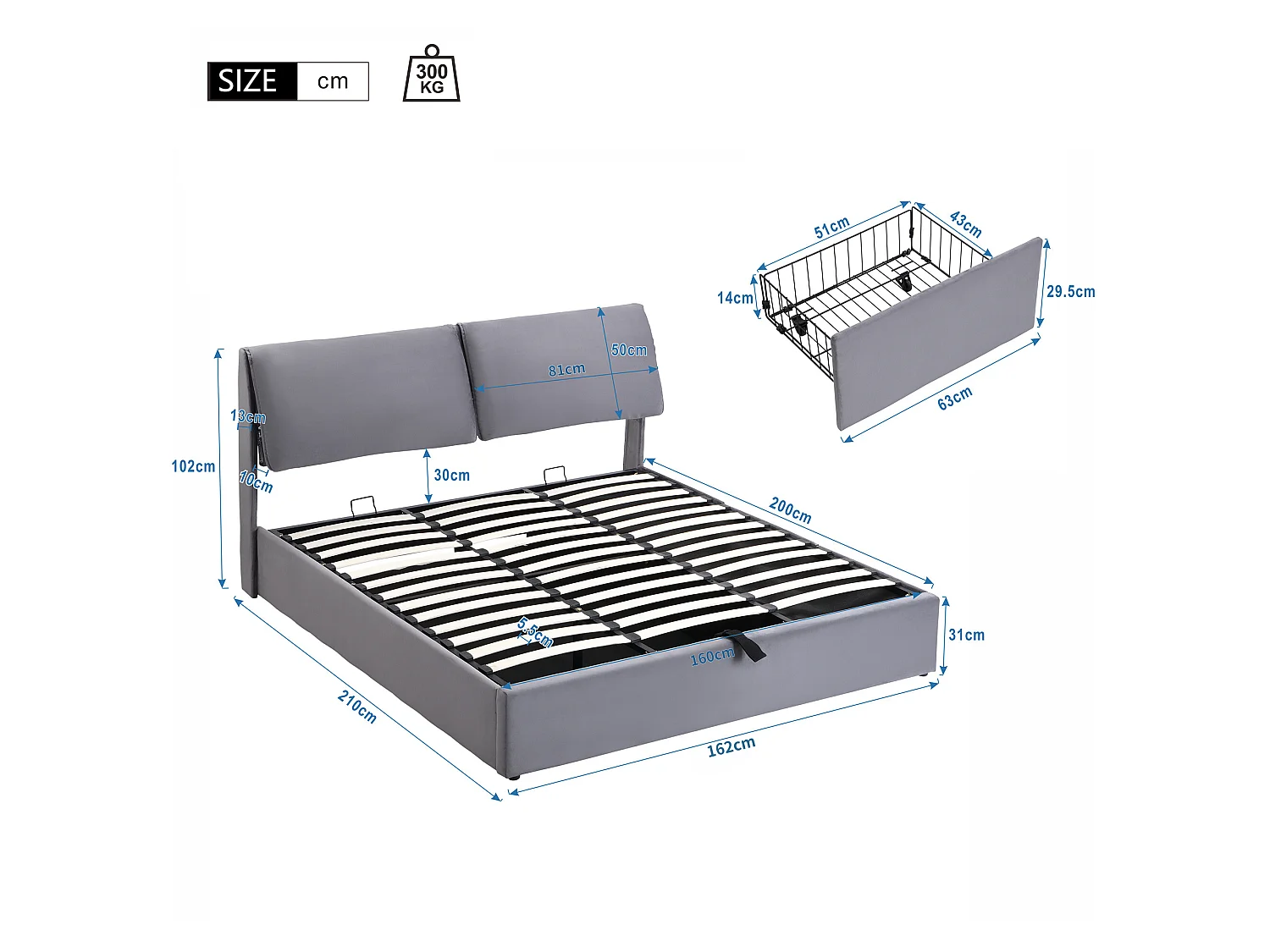 Lit coffre en velours - 160x200cm - avec 3 tiroirs - Gris (sans matelas)