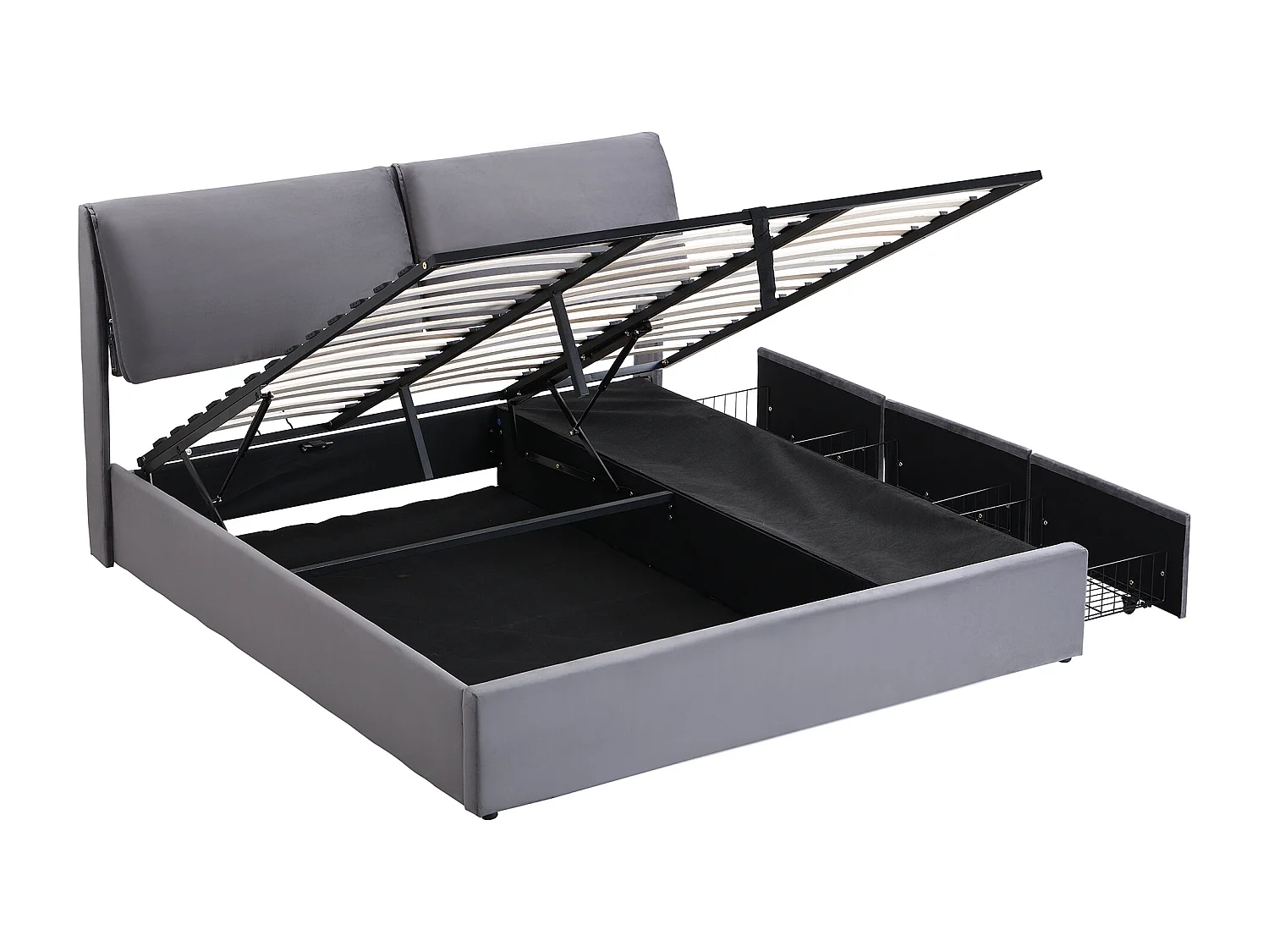 Lit coffre en velours - 160x200cm - avec 3 tiroirs - Gris (sans matelas)