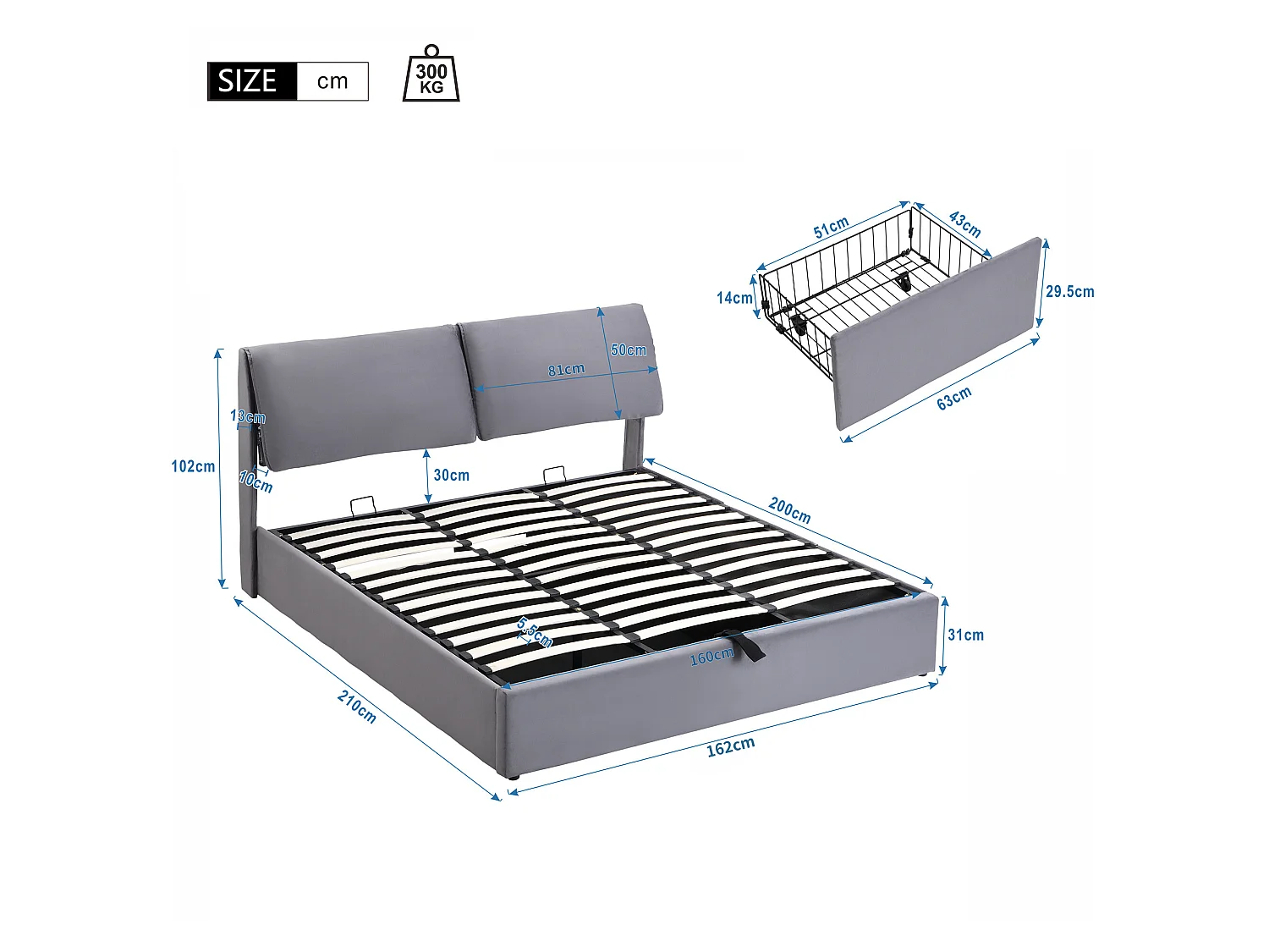 Lit coffre en velours - 160x200cm - avec 3 tiroirs - Gris (sans matelas)