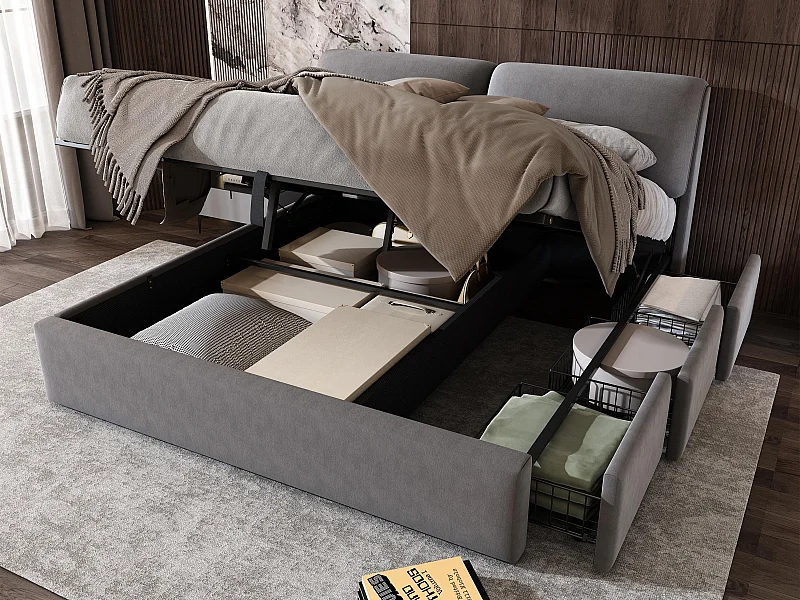 Fluwelen opbergbed - 160x200cm - met 3 lades - Grijs (zonder matras)