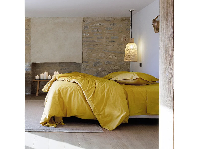 Parure de lit 260x240 cm set 50x70 cm percale MANOIR jaune Moutarde