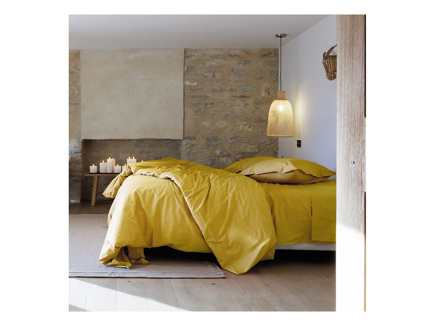 Parure de lit 260x240 cm set 50x70 cm percale MANOIR jaune Moutarde