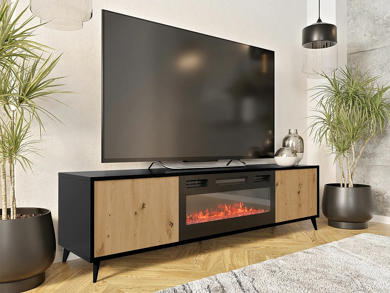 TV-Lowboard - 180x40x53 cm - Schwarz / Artisan Eiche - Ovessi EF mit Kamin
