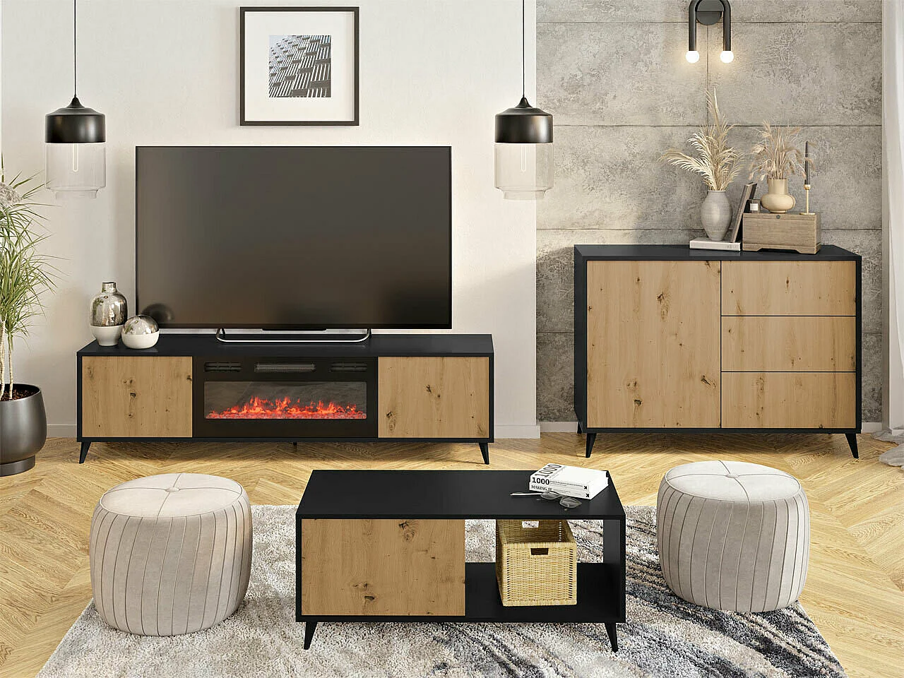 TV-Lowboard - 180x40x53 cm - Schwarz / Artisan Eiche - Ovessi EF mit Kamin