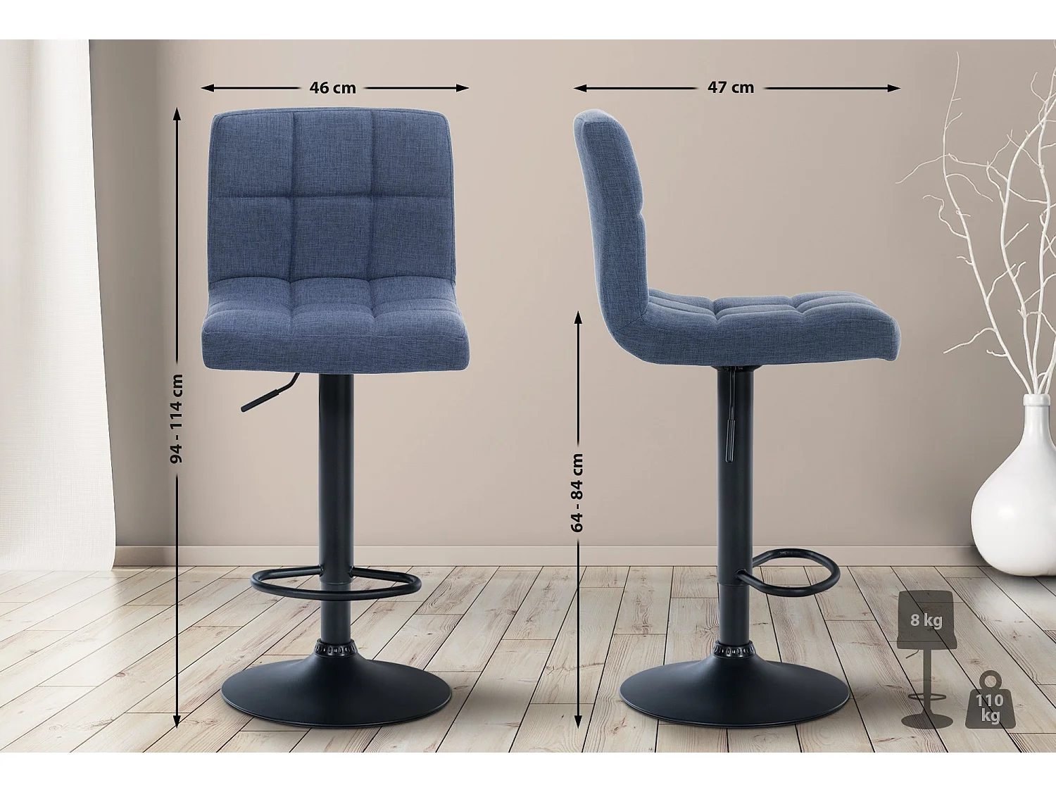 Lot de 2  Tabouret de bar - Tissu & Métal noir mat - Bleu - Calma