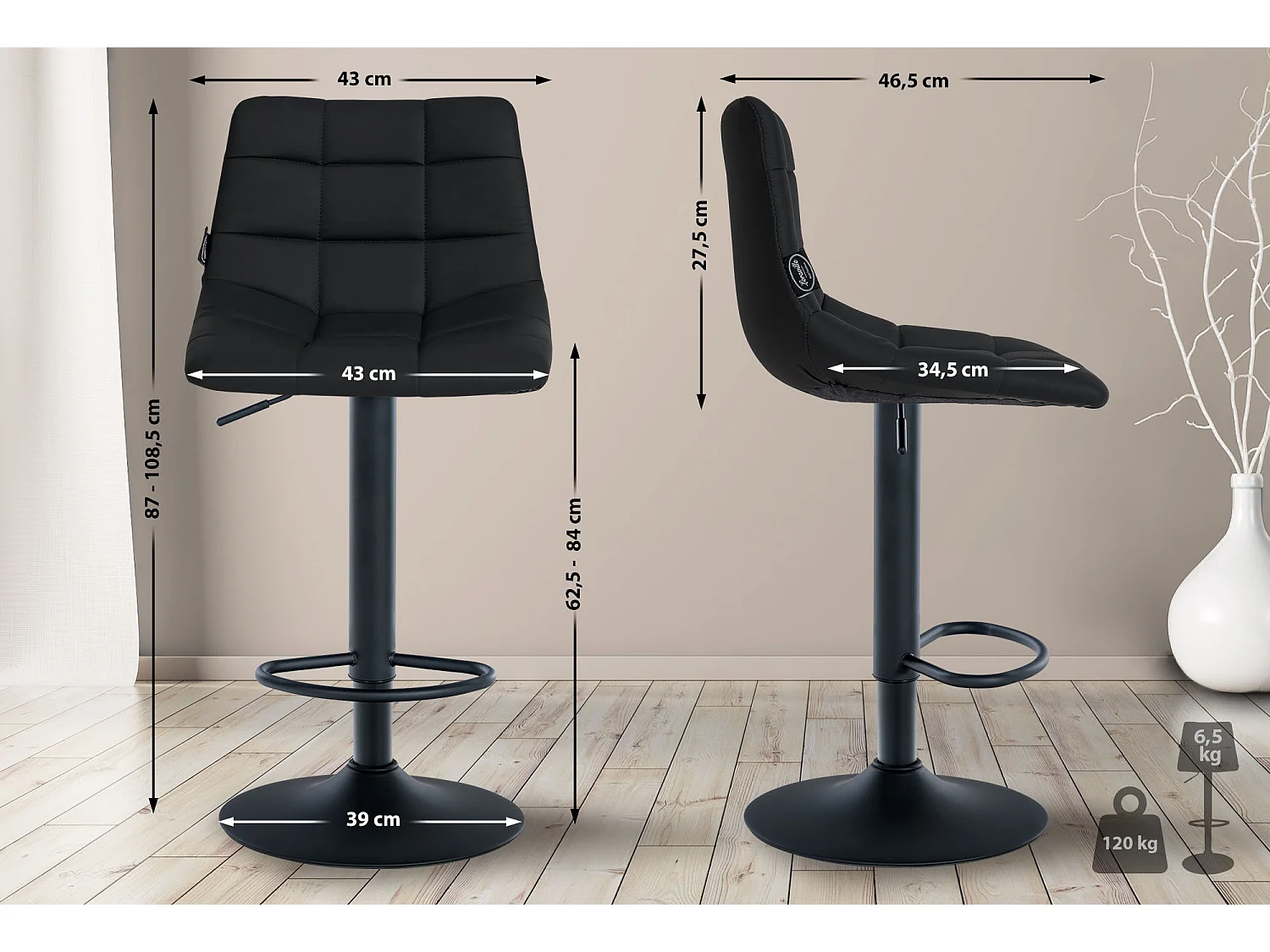 Lot de 2  Tabouret de bar - Similicuir & Métal - Noir - Jerry