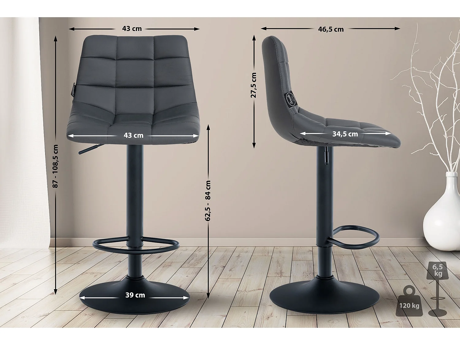 Lot de 2  Tabouret de bar - Similicuir & Métal - Gris - Jerry