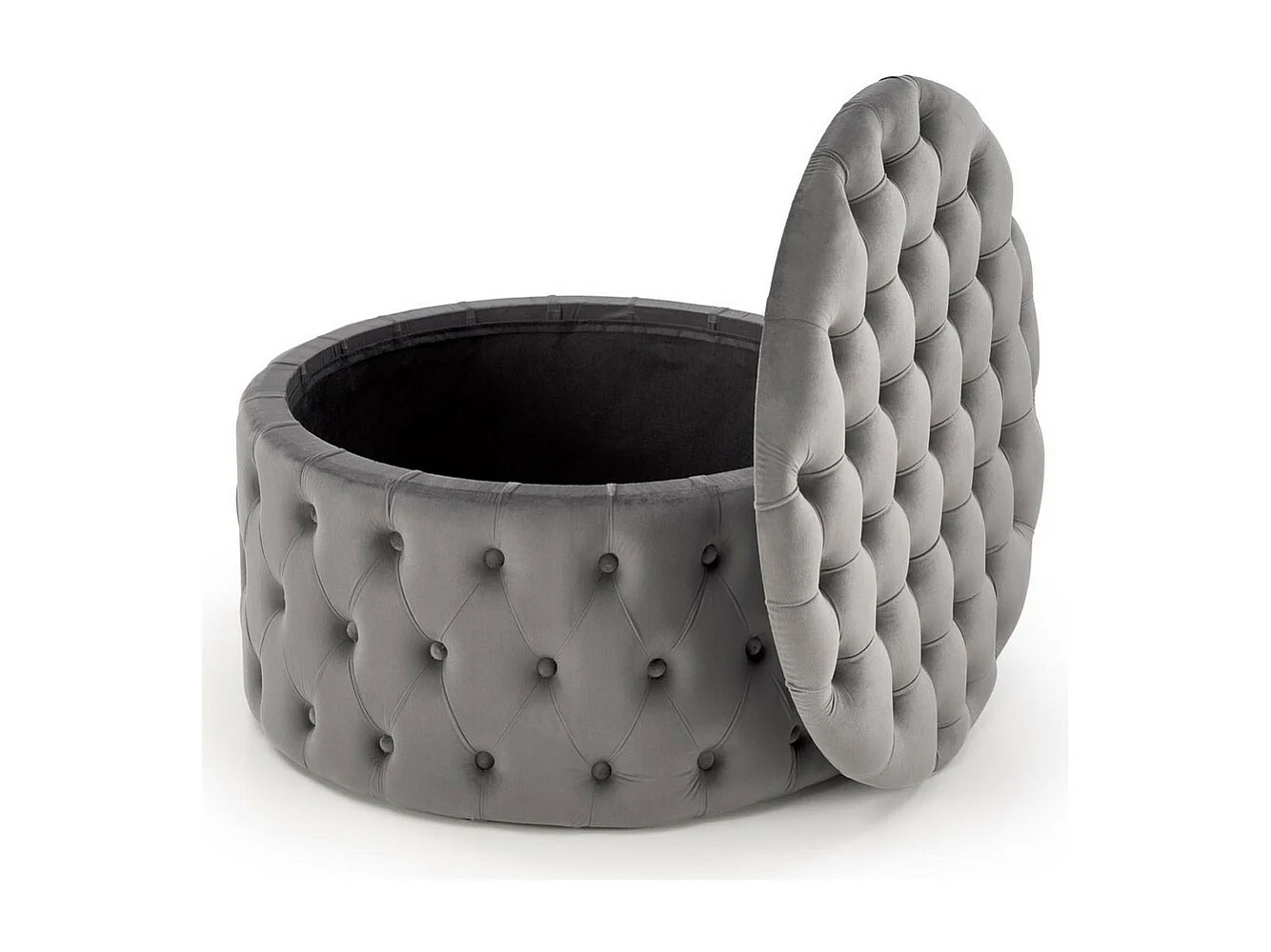 Pouf capitonné gris Ø70cm avec coffre Lydie