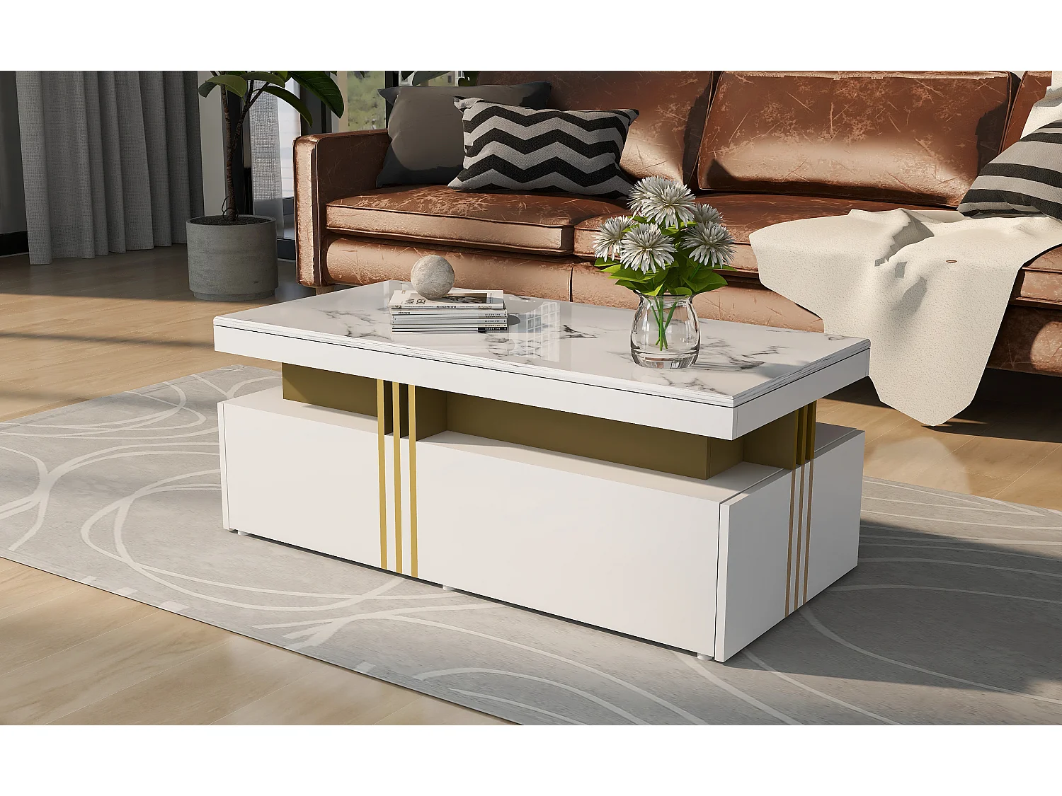 Table basse rectangulaire moderne avec plateau brillant avec 2 tiroirs en bois, plateau marbré, pour salon, 100x50x40 cm, blanc