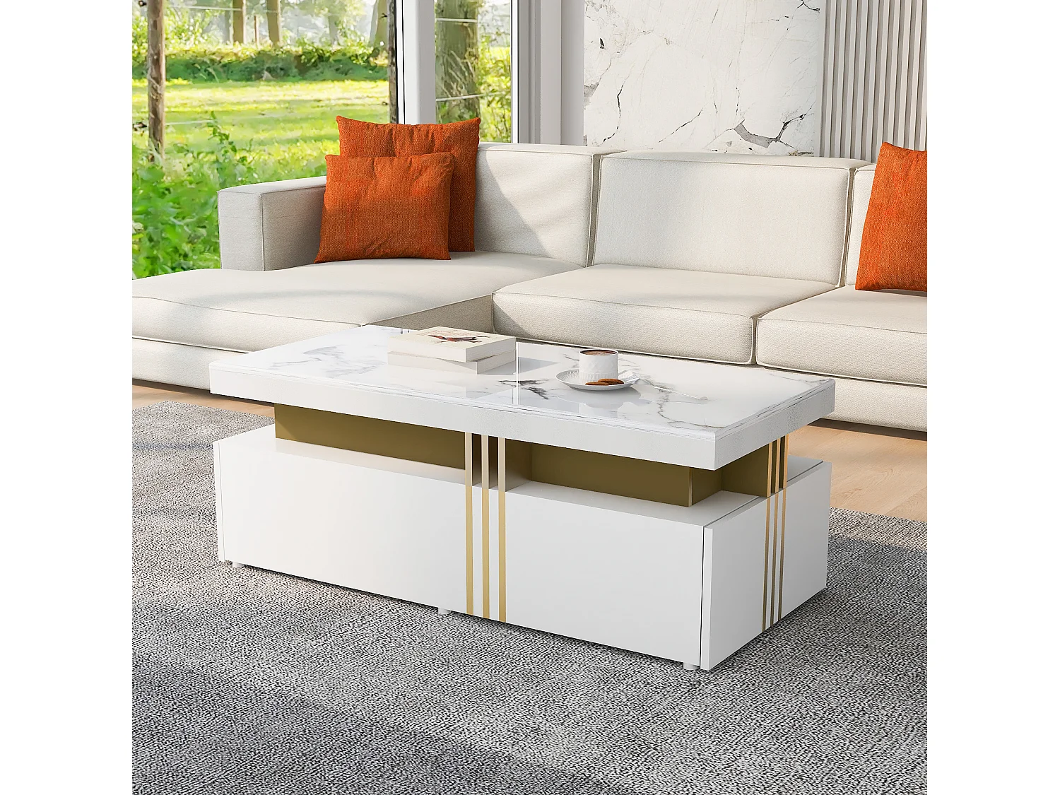 Table basse rectangulaire moderne avec plateau brillant avec 2 tiroirs en bois, plateau marbré, pour salon, 100x50x40 cm, blanc