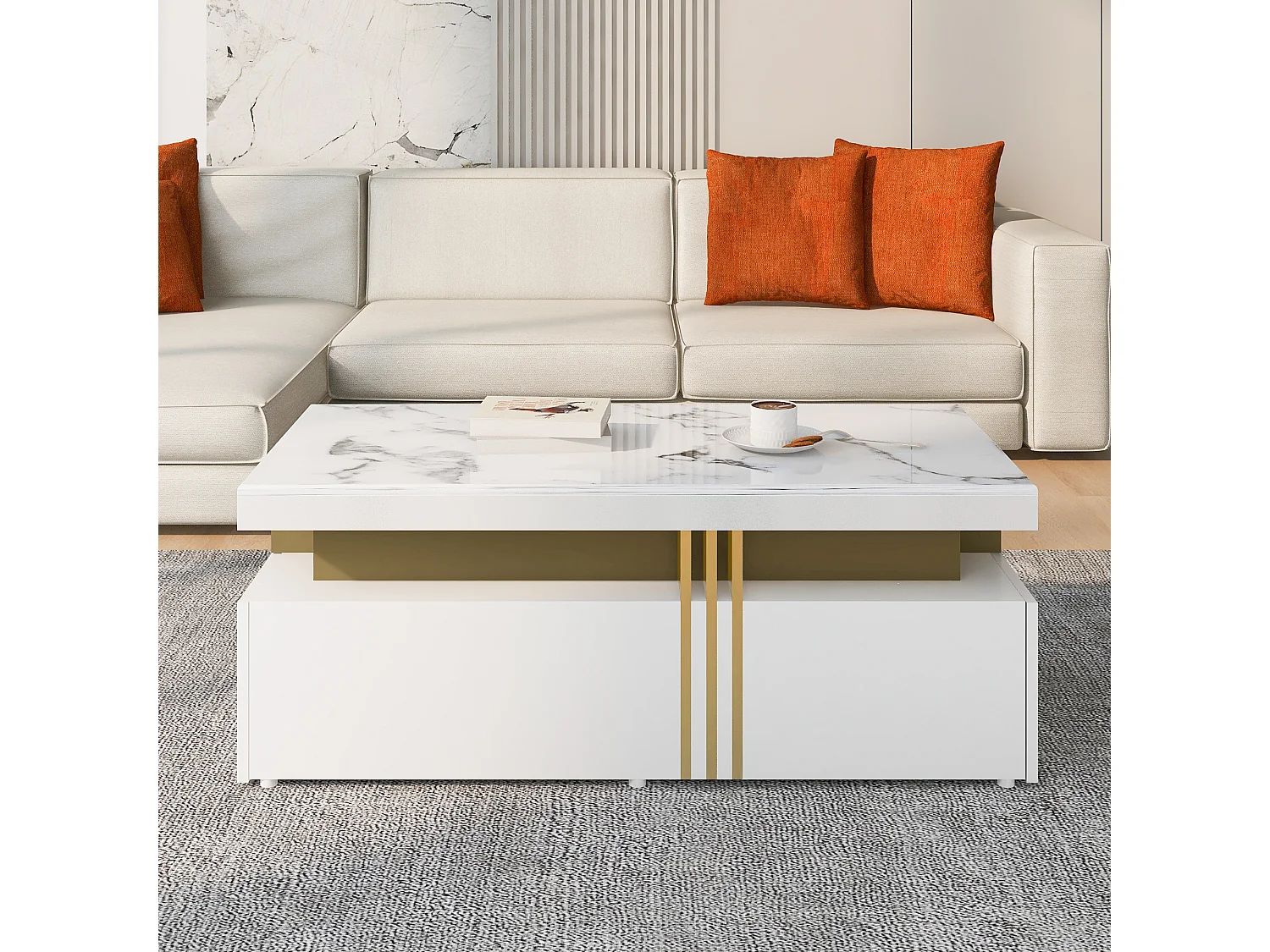 Table basse rectangulaire moderne avec plateau brillant avec 2 tiroirs en bois, plateau marbré, pour salon, 100x50x40 cm, blanc