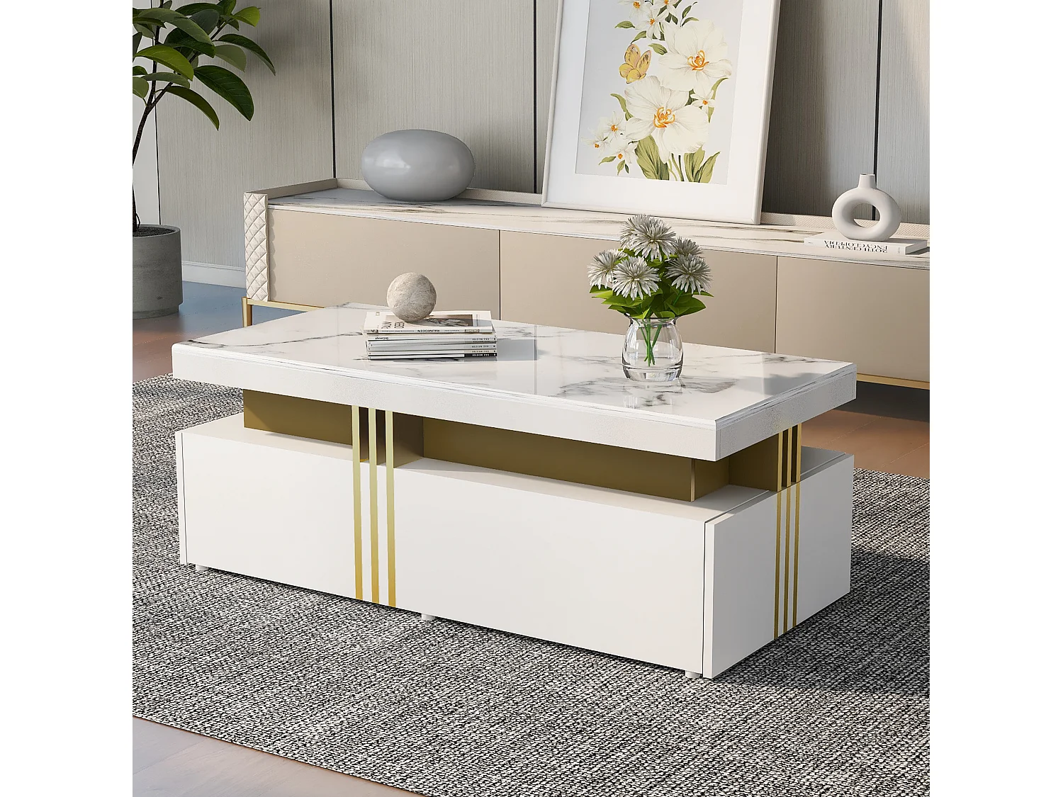 Table basse rectangulaire moderne avec plateau brillant avec 2 tiroirs en bois, plateau marbré, pour salon, 100x50x40 cm, blanc