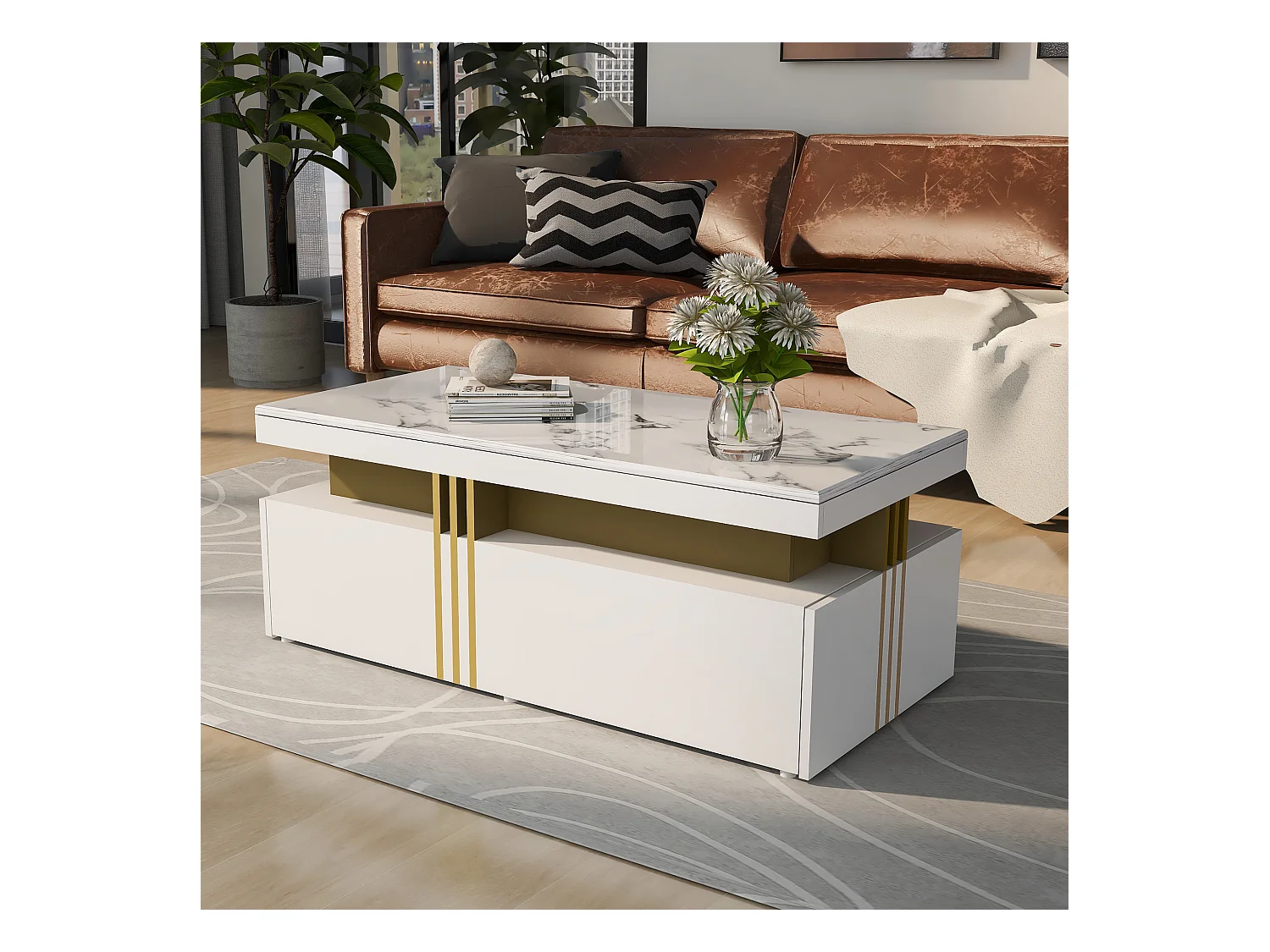 Table basse rectangulaire moderne avec plateau brillant avec 2 tiroirs en bois, plateau marbré, pour salon, 100x50x40 cm, blanc
