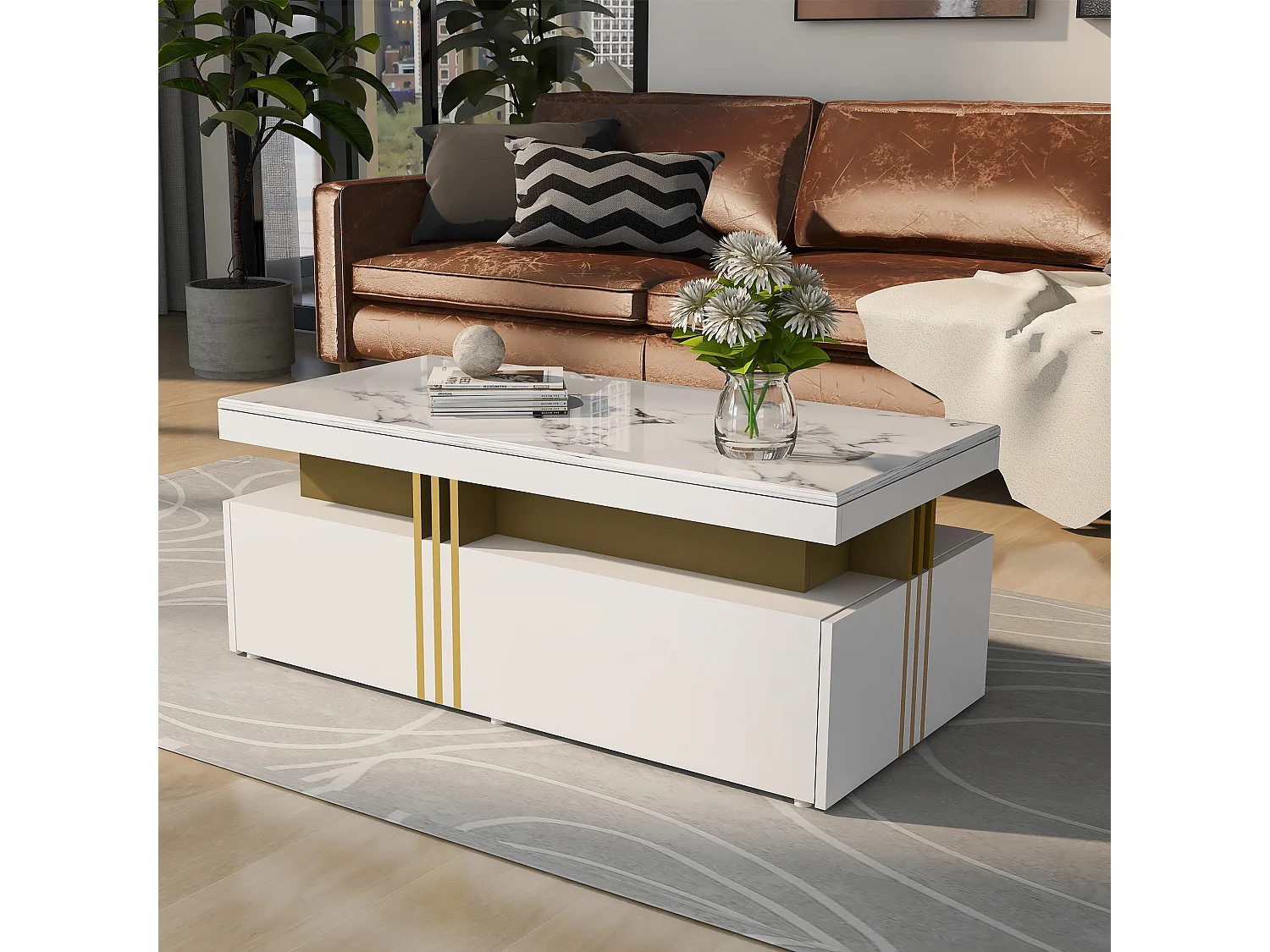 Moderne rechthoekige salontafel met glanzend blad en 2 houten lades, gemarmerd blad, voor woonkamer, 100x50x40 cm, wit