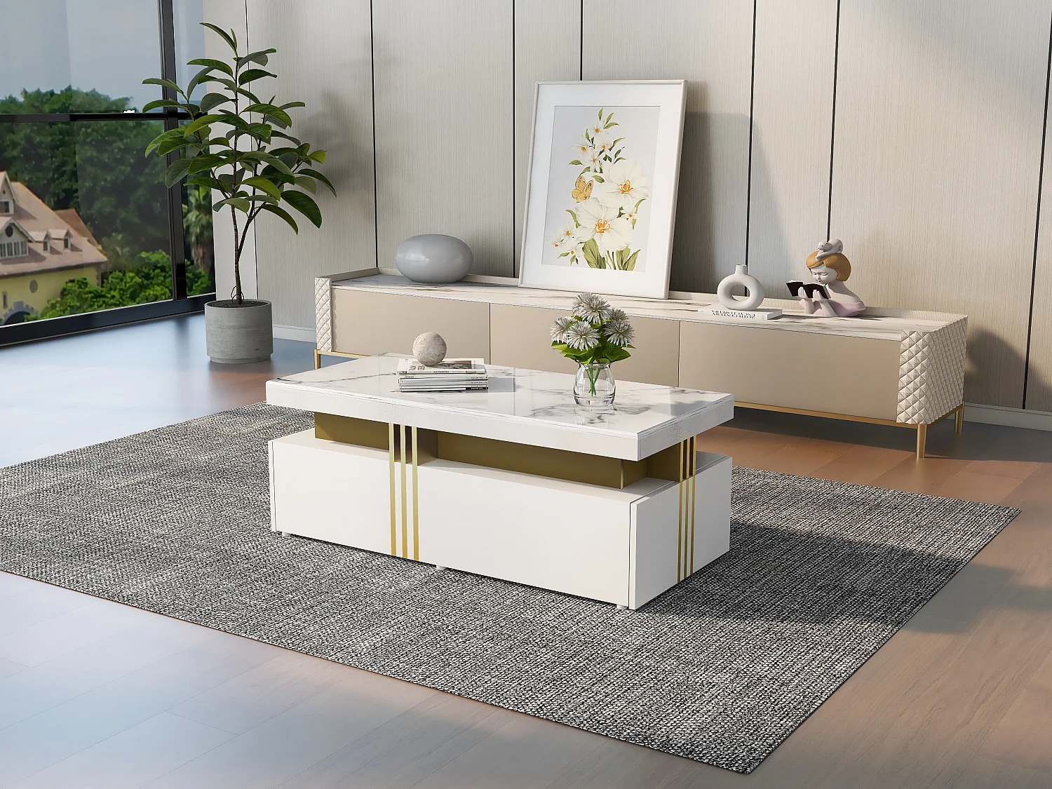 Moderne rechthoekige salontafel met glanzend blad en 2 houten lades, gemarmerd blad, voor woonkamer, 100x50x40 cm, wit