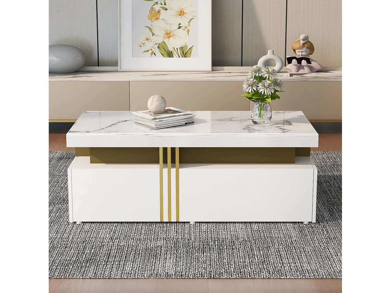 Moderne rechthoekige salontafel met glanzend blad en 2 houten lades, gemarmerd blad, voor woonkamer, 100x50x40 cm, wit