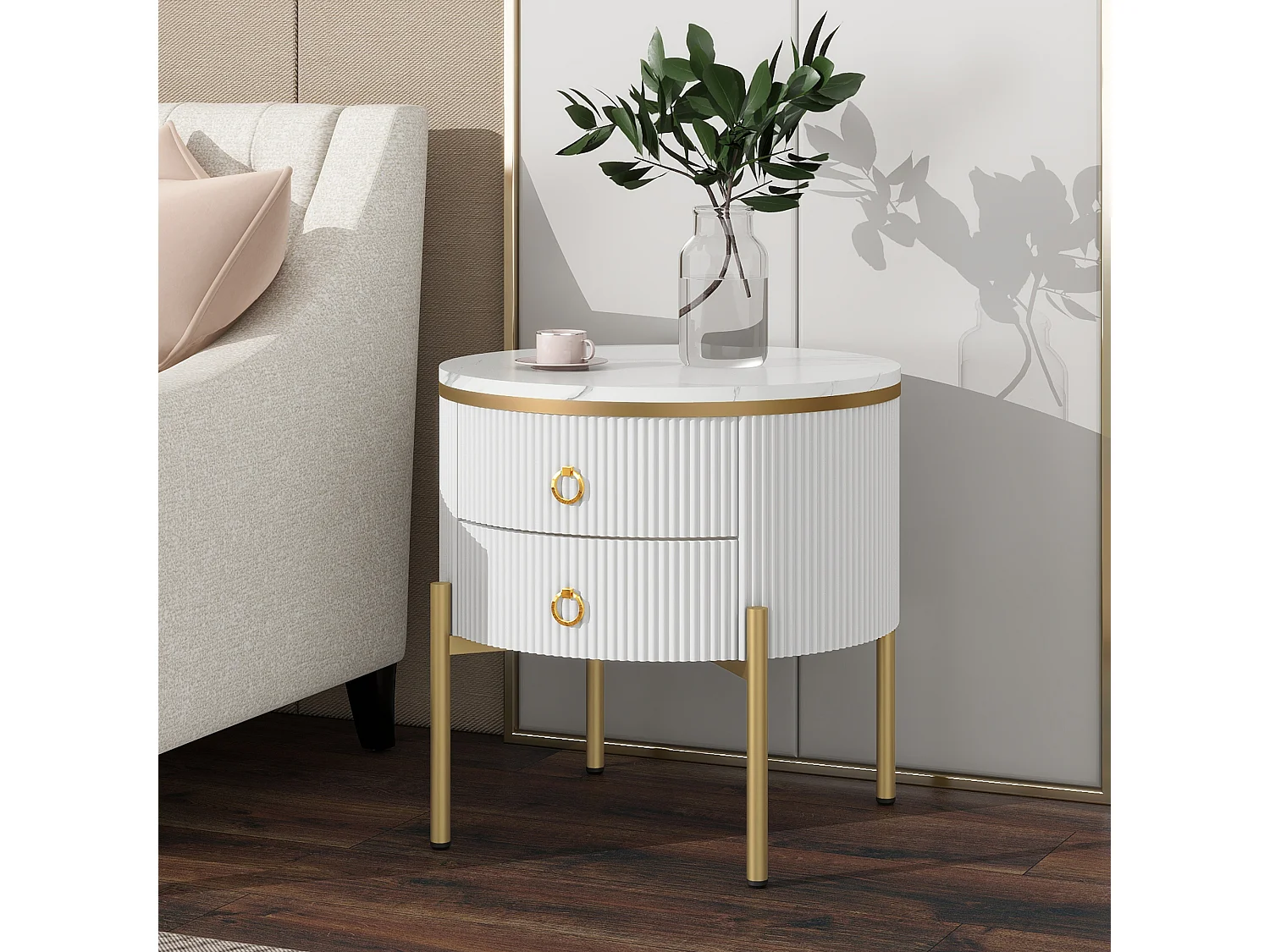 Okrągły stolik kawowy z 2 szufladami - 50x50x51cm - drewno MDF - złote nogi i uchwyty - biały