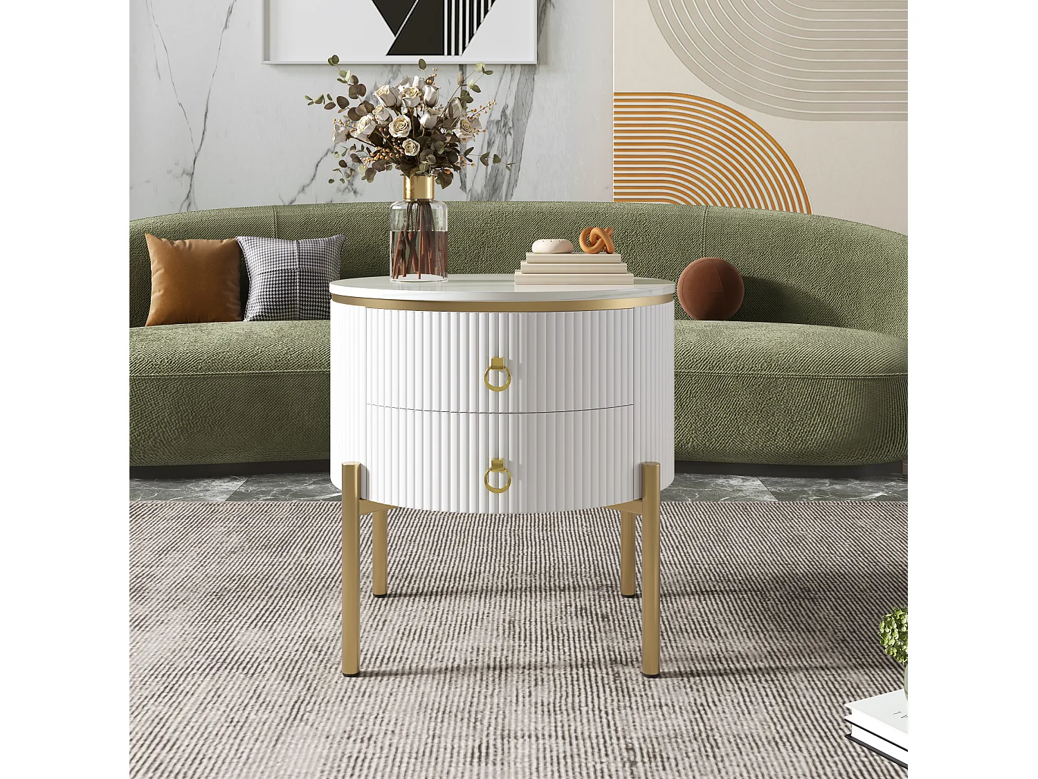 Okrągły stolik kawowy z 2 szufladami - 50x50x51cm - drewno MDF - złote nogi i uchwyty - biały