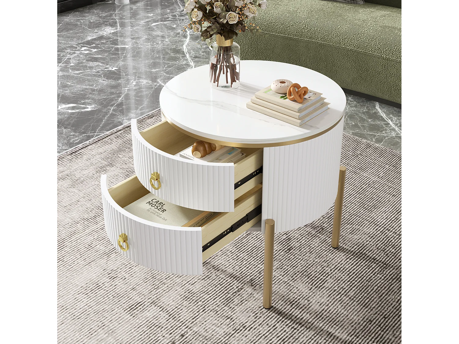 Okrągły stolik kawowy z 2 szufladami - 50x50x51cm - drewno MDF - złote nogi i uchwyty - biały