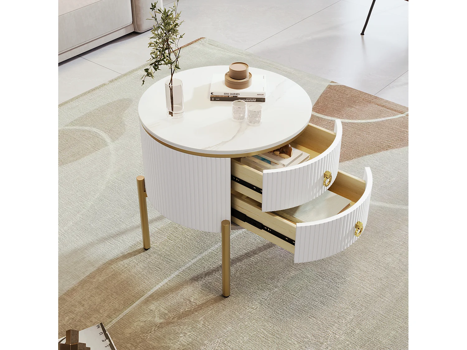 Okrągły stolik kawowy z 2 szufladami - 50x50x51cm - drewno MDF - złote nogi i uchwyty - biały