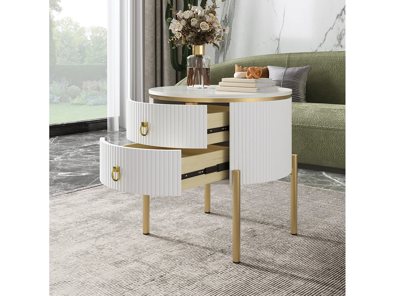 Okrągły stolik kawowy z 2 szufladami - 50x50x51cm - drewno MDF - złote nogi i uchwyty - biały