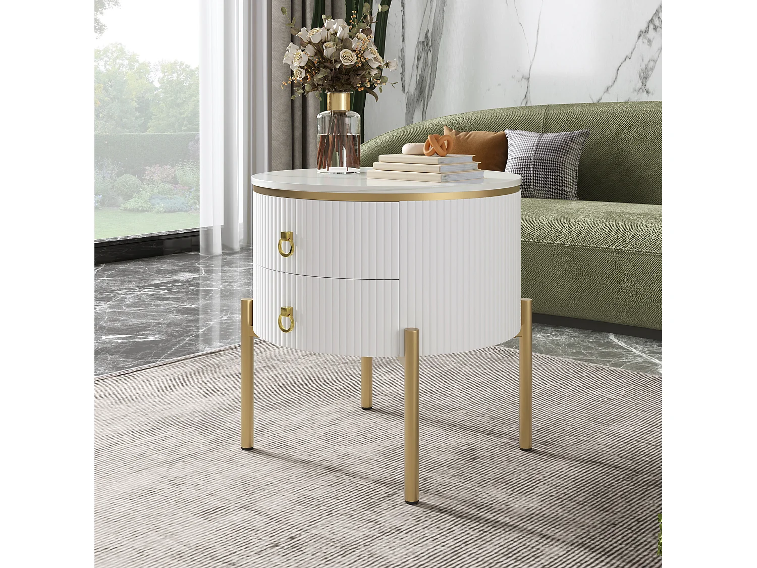 Okrągły stolik kawowy z 2 szufladami - 50x50x51cm - drewno MDF - złote nogi i uchwyty - biały