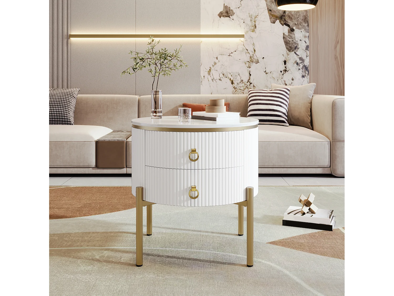 Okrągły stolik kawowy z 2 szufladami - 50x50x51cm - drewno MDF - złote nogi i uchwyty - biały