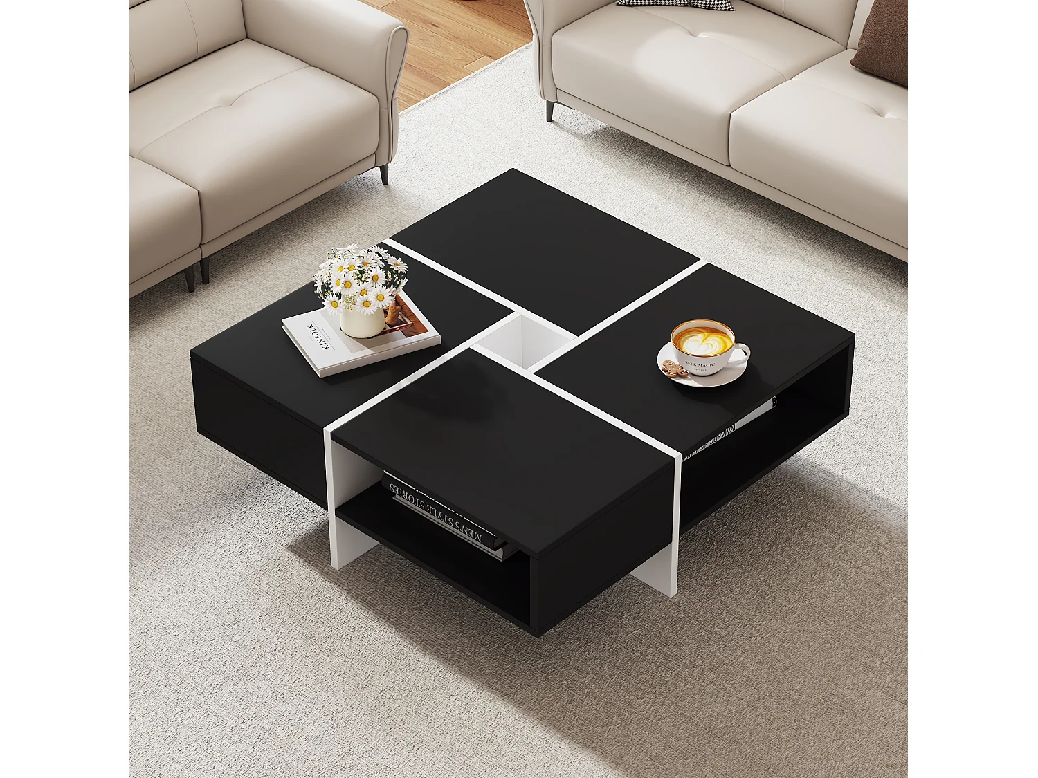 Tavolino quadrato con 5 scomparti - 70 x 70 x 35 cm - truciolare - nero