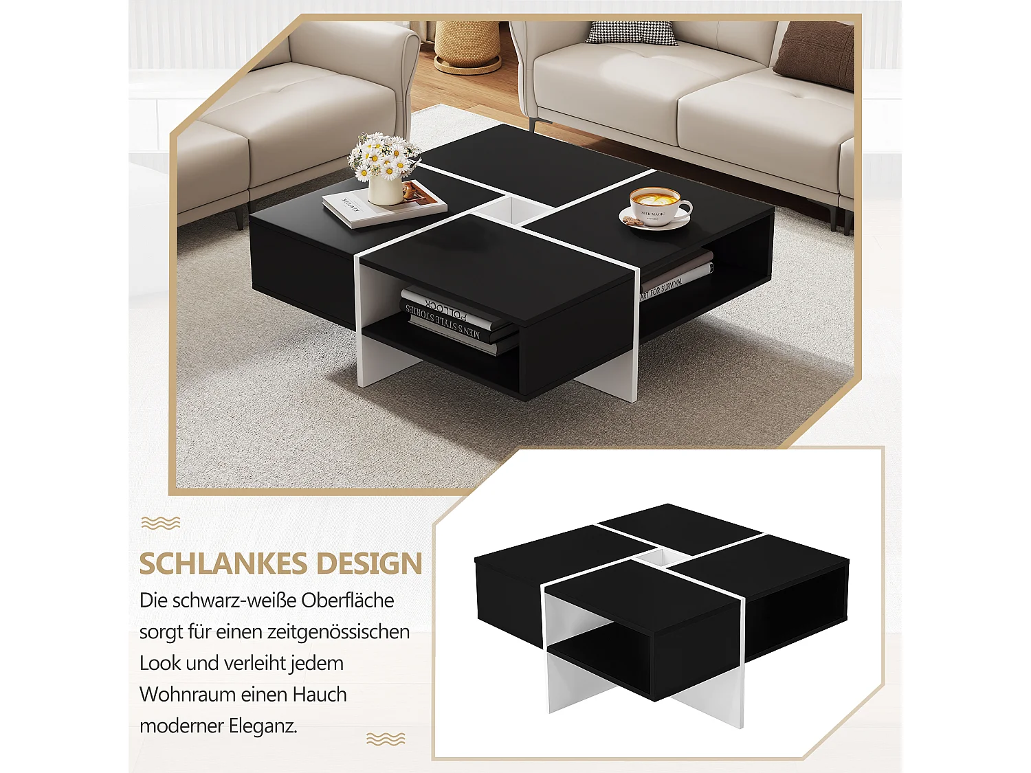 Tavolino quadrato con 5 scomparti - 70 x 70 x 35 cm - truciolare - nero