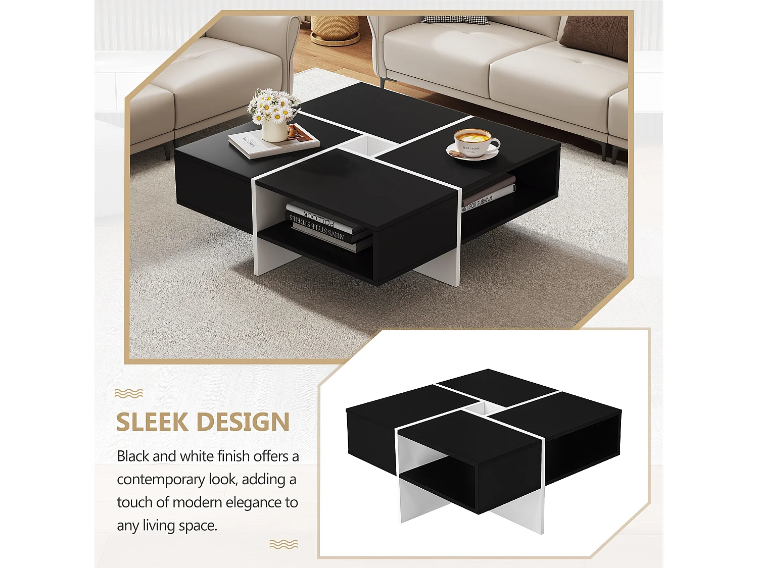 Tavolino quadrato con 5 scomparti - 70 x 70 x 35 cm - truciolare - nero