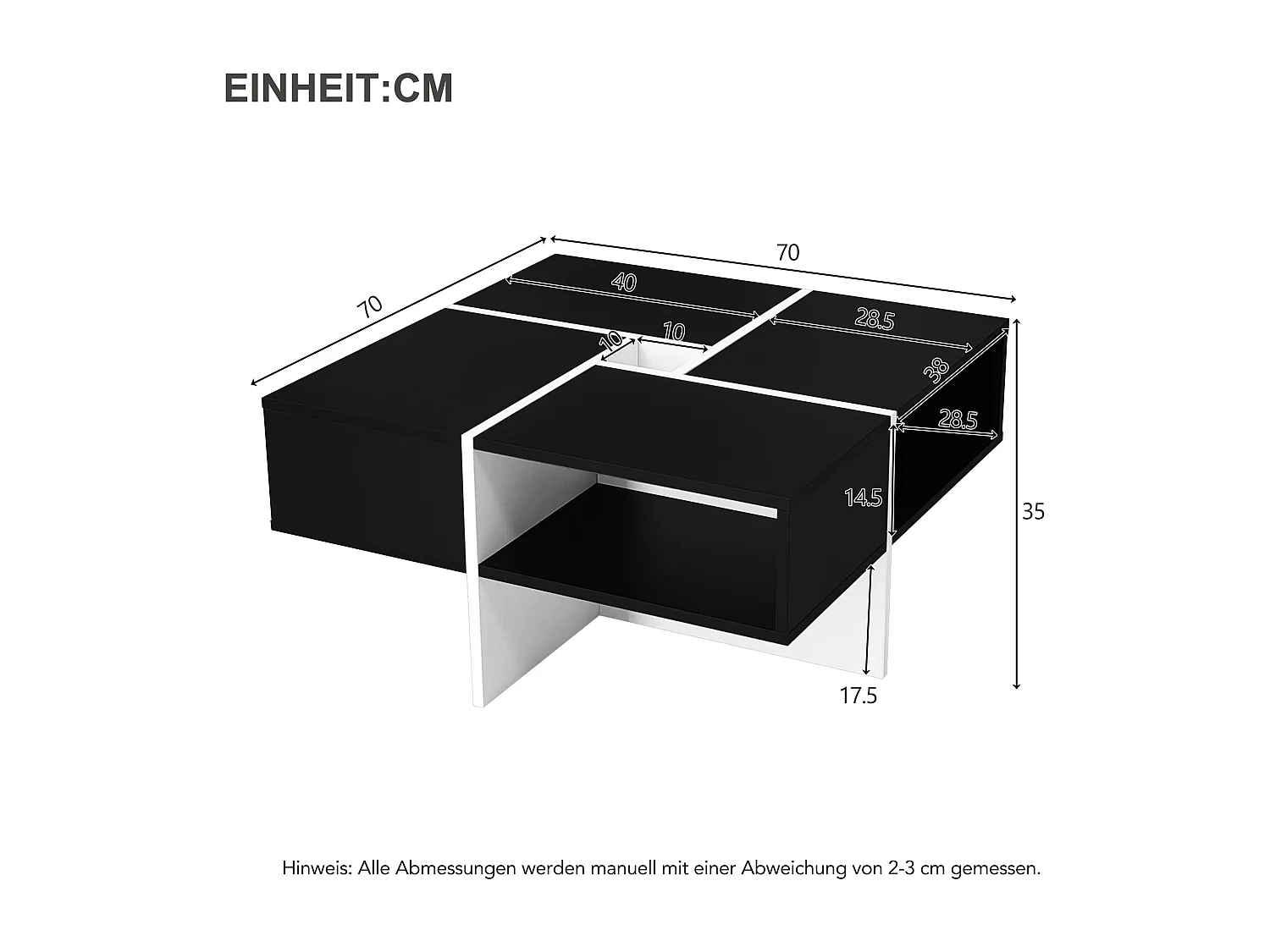 Tavolino quadrato con 5 scomparti - 70 x 70 x 35 cm - truciolare - nero